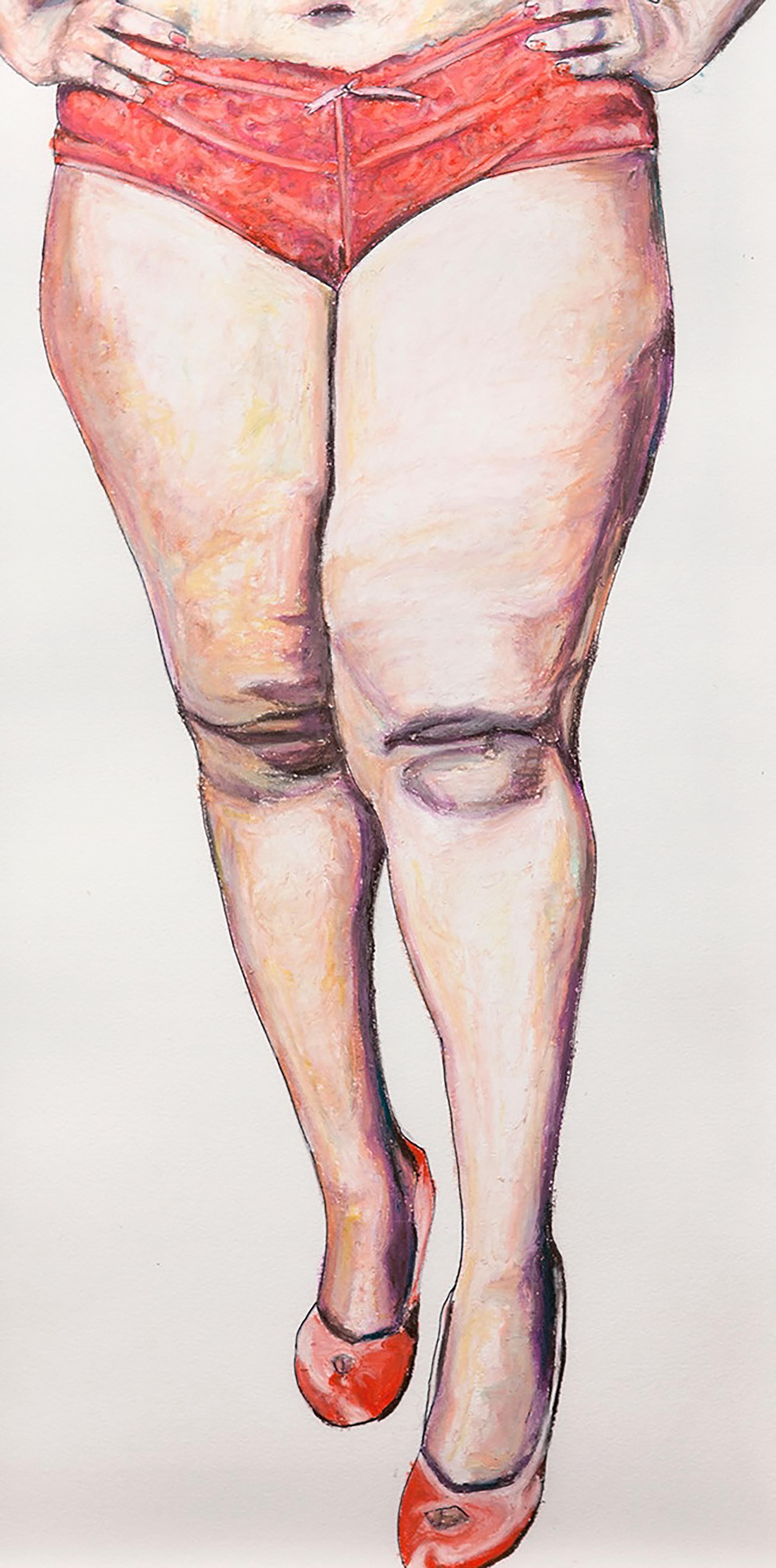 Peinture à l'huile rose, nu figuratif, talons hauts, lingerie en vente 3