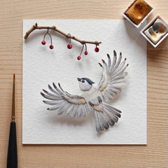 Tufted Titmouse Watercolor and Paper Art, Framed, 21st Century