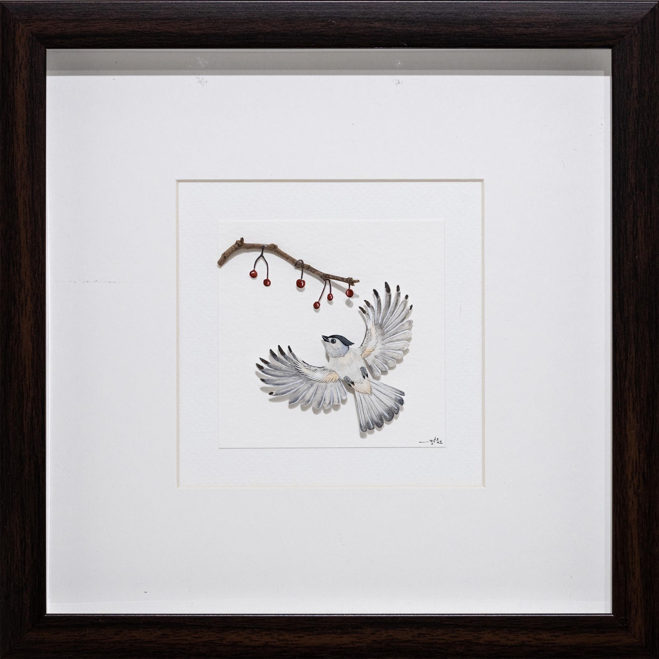 Tufted Titmouse Watercolor and Paper Art, Framed, 21st Century