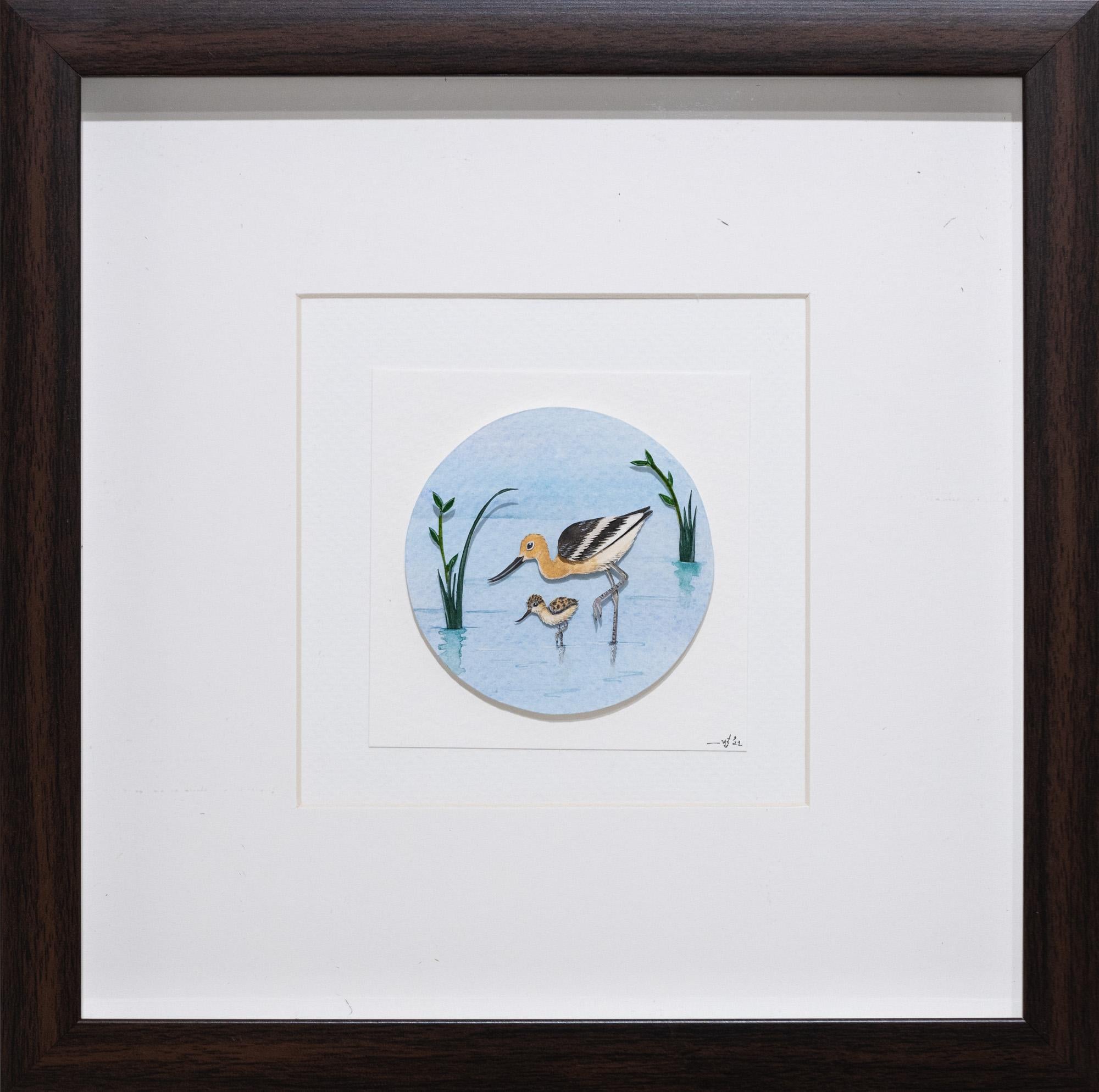 Animal Painting de Nayan and Venus - Avoceta americana con polluelo