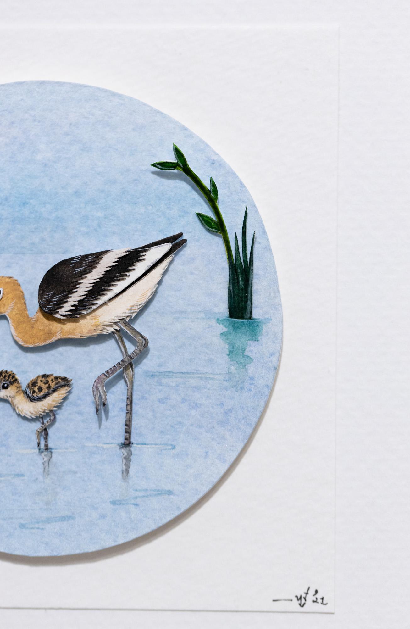 American Avocet with chick - Gray Animal Art by Nayan and Venus