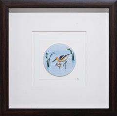 American Avocet with Chick, Framed Watercolor, 21st Century Art
