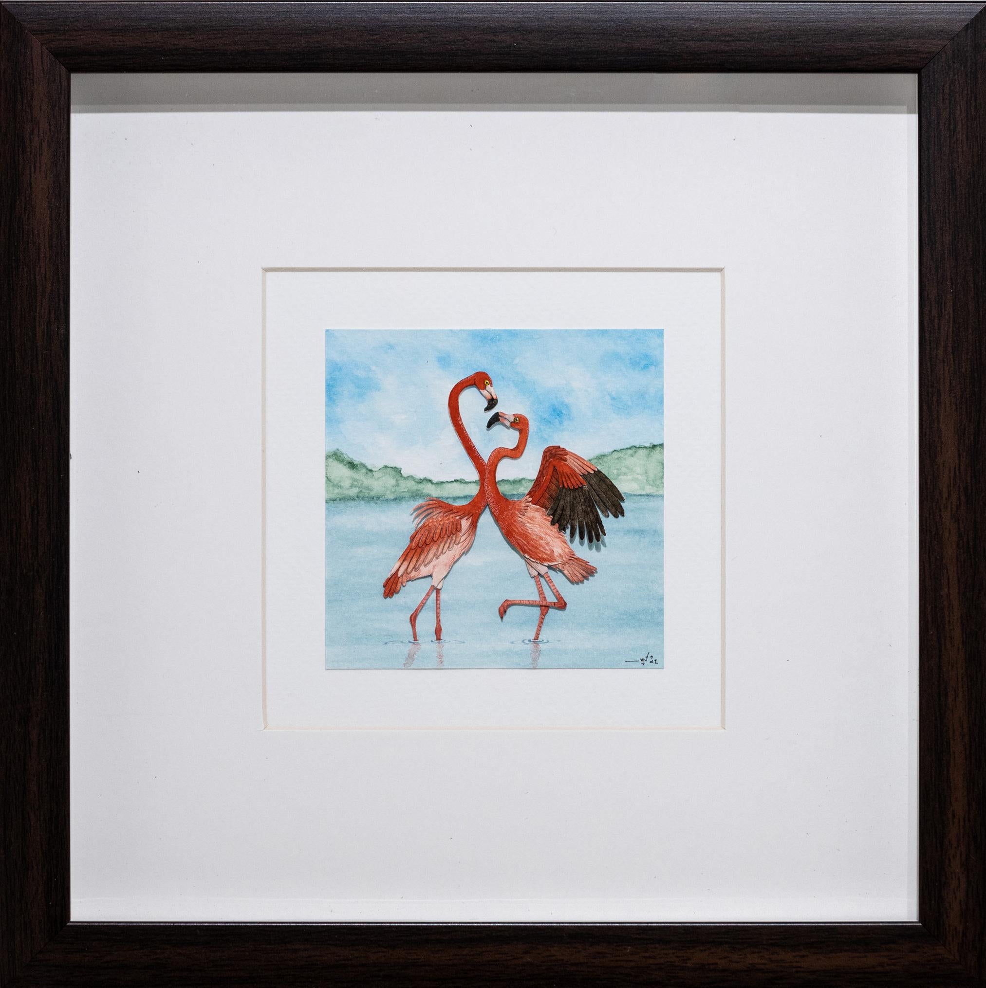 Animal Art Nayan and Venus - Aquarelle et art sur papier représentant un flamant rose américain, encadrée, XXIe siècle