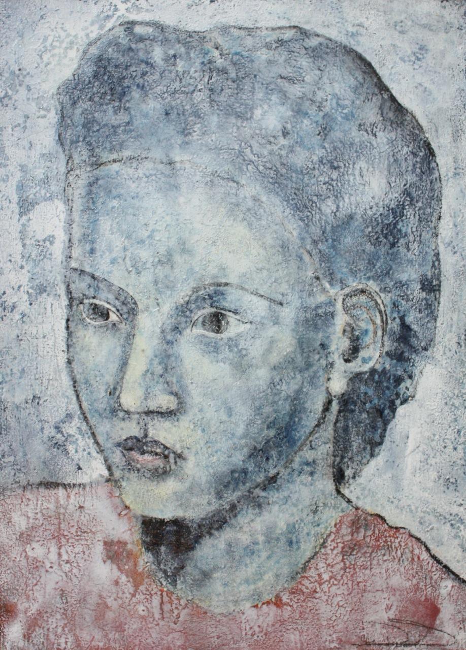 Mujer en azul; óleo figurativo contemporáneo de Sax Berlin