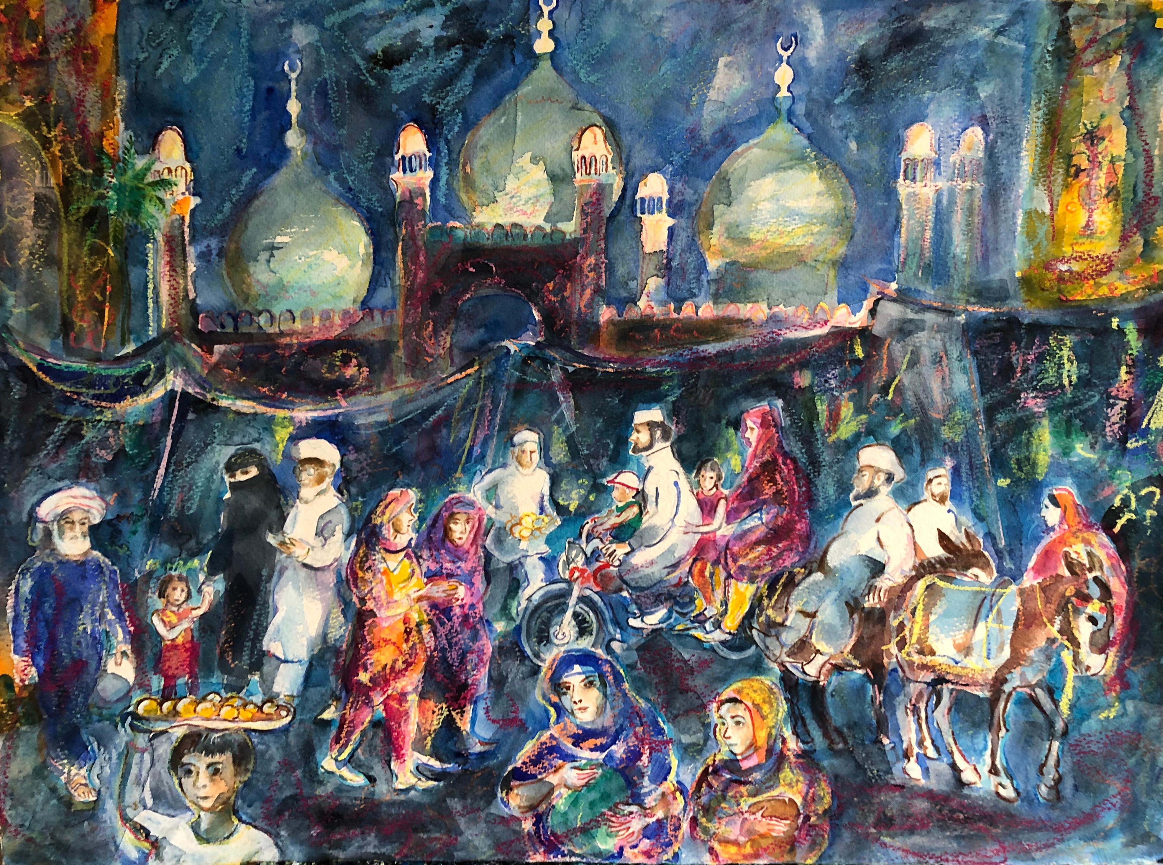 „Lahore Nachtmarkt“. Zeitgenössisches figuratives Aquarellgemälde
