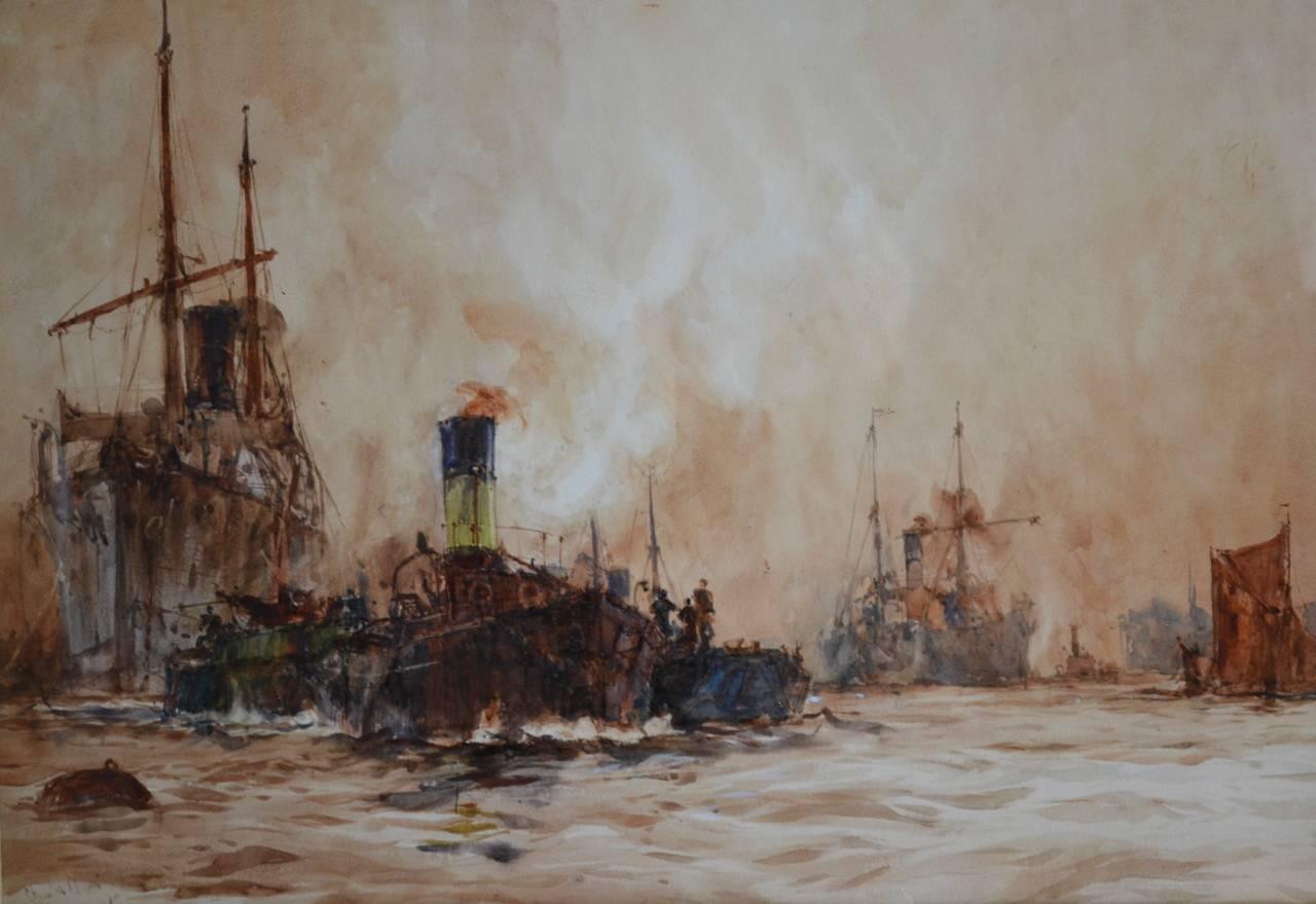 Charles Edward Dixon Landscape Art - Shipping On The River Thames, London by Charles Dixon. Watercolour
