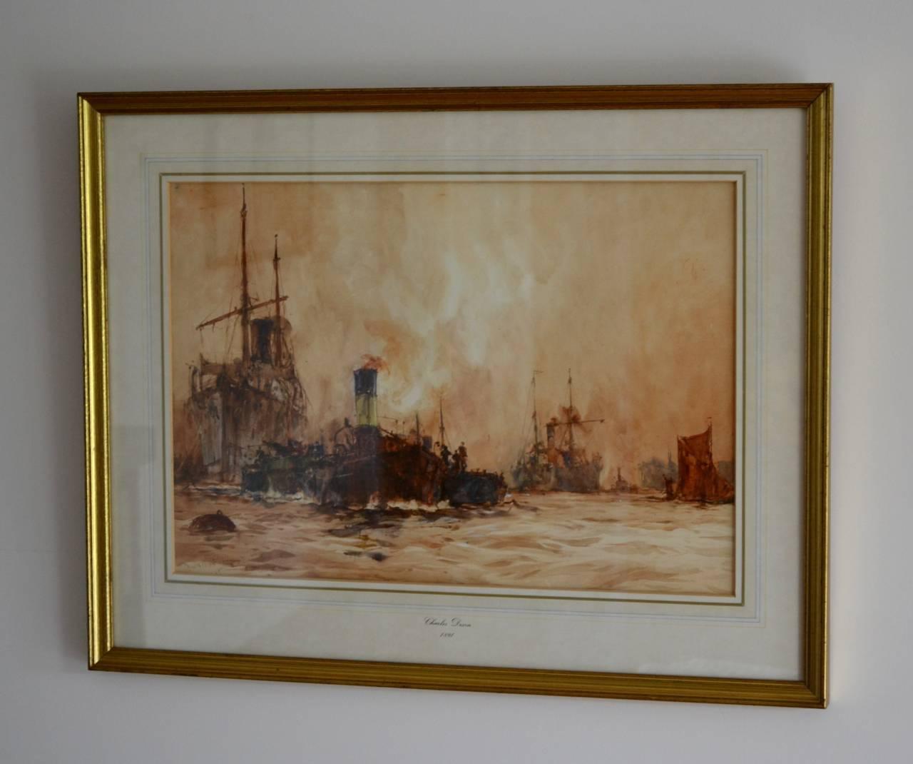 Shipping On The River Thames, London by Charles Dixon. Watercolour - Art by Charles Edward Dixon
