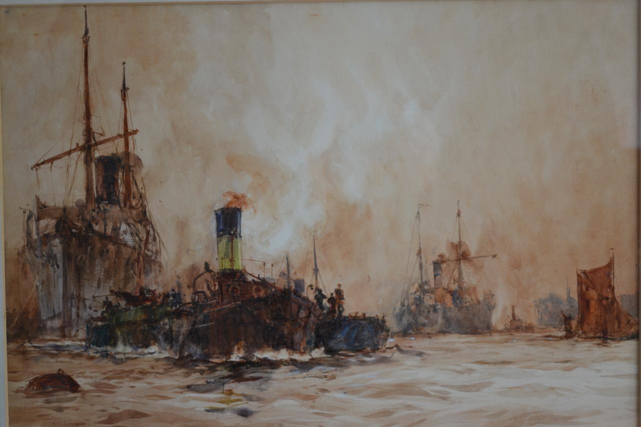 Shipping On The River Thames, London by Charles Dixon. Watercolour - English School Art by Charles Edward Dixon