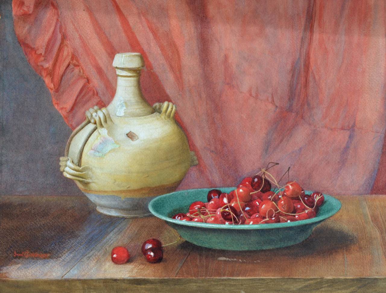 Bowl Of Cherries. 1920s Watercolor
