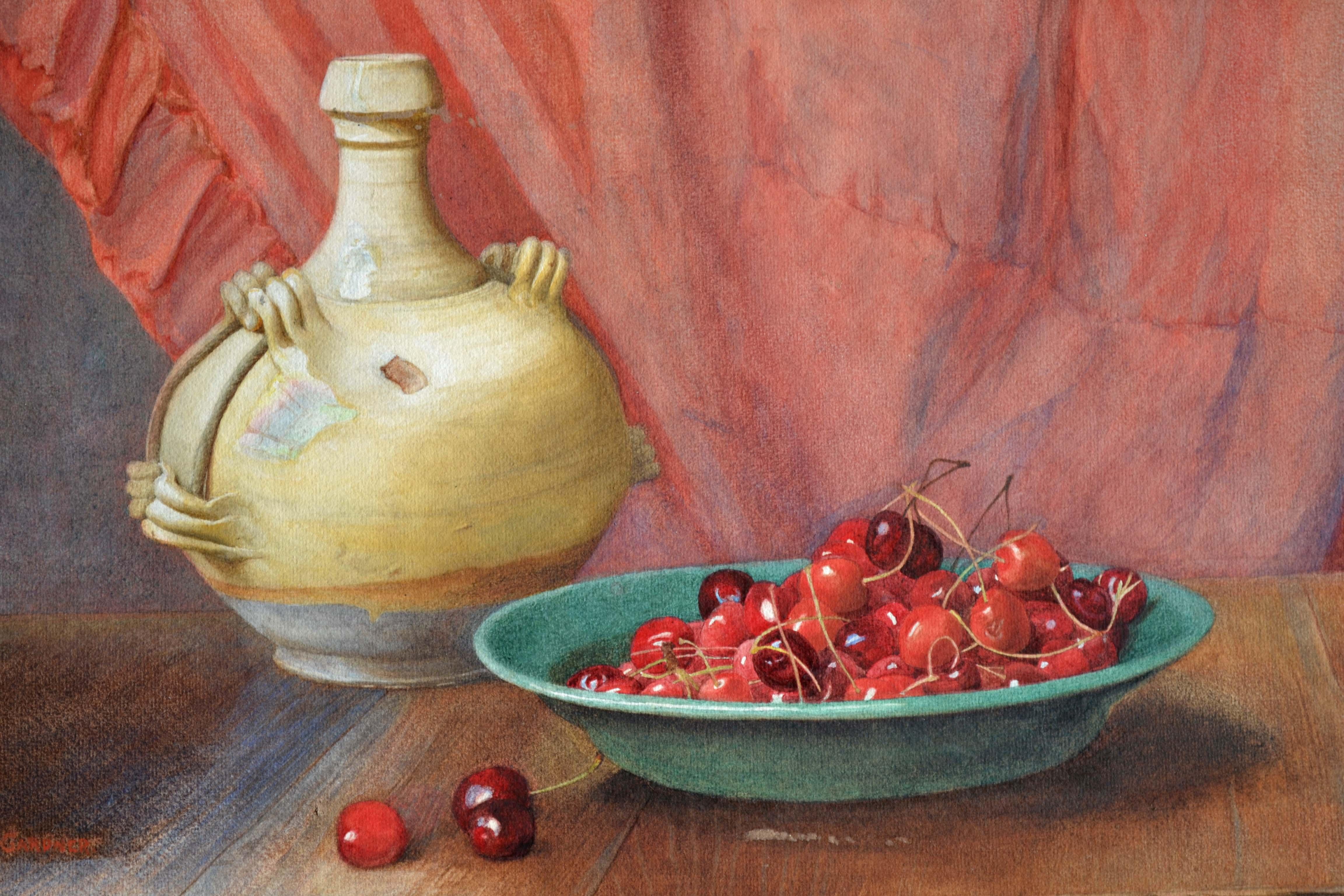 Bowl Of Cherries. 1920s Watercolor - Brown Still-Life by Irene Gardner nee Churchill