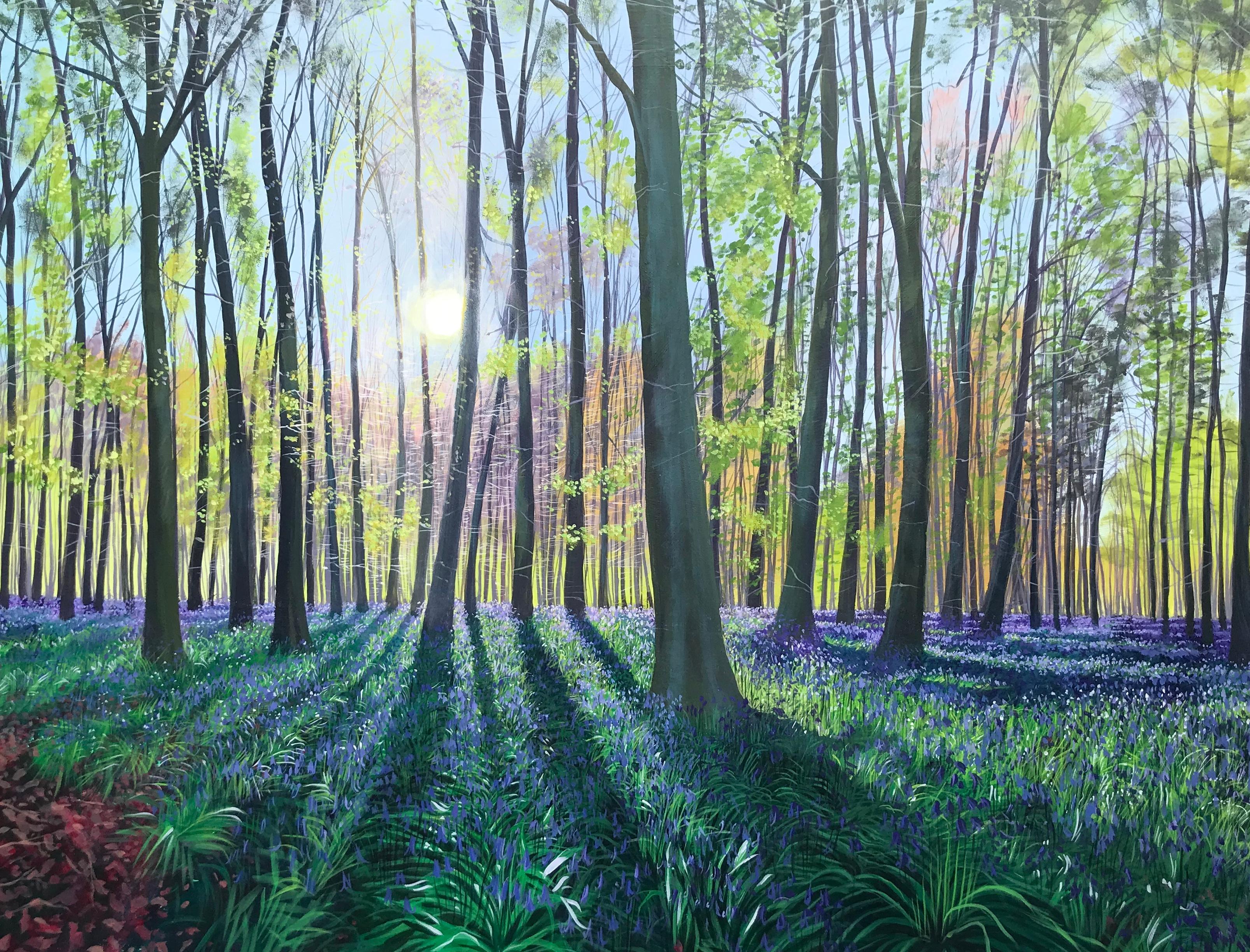 Bluebells in full bloom.  Debbie Baxter is a well know tree artist based in England
Framed in a contemporary white wood frame
Image 90x70cms
Painted on a wood board