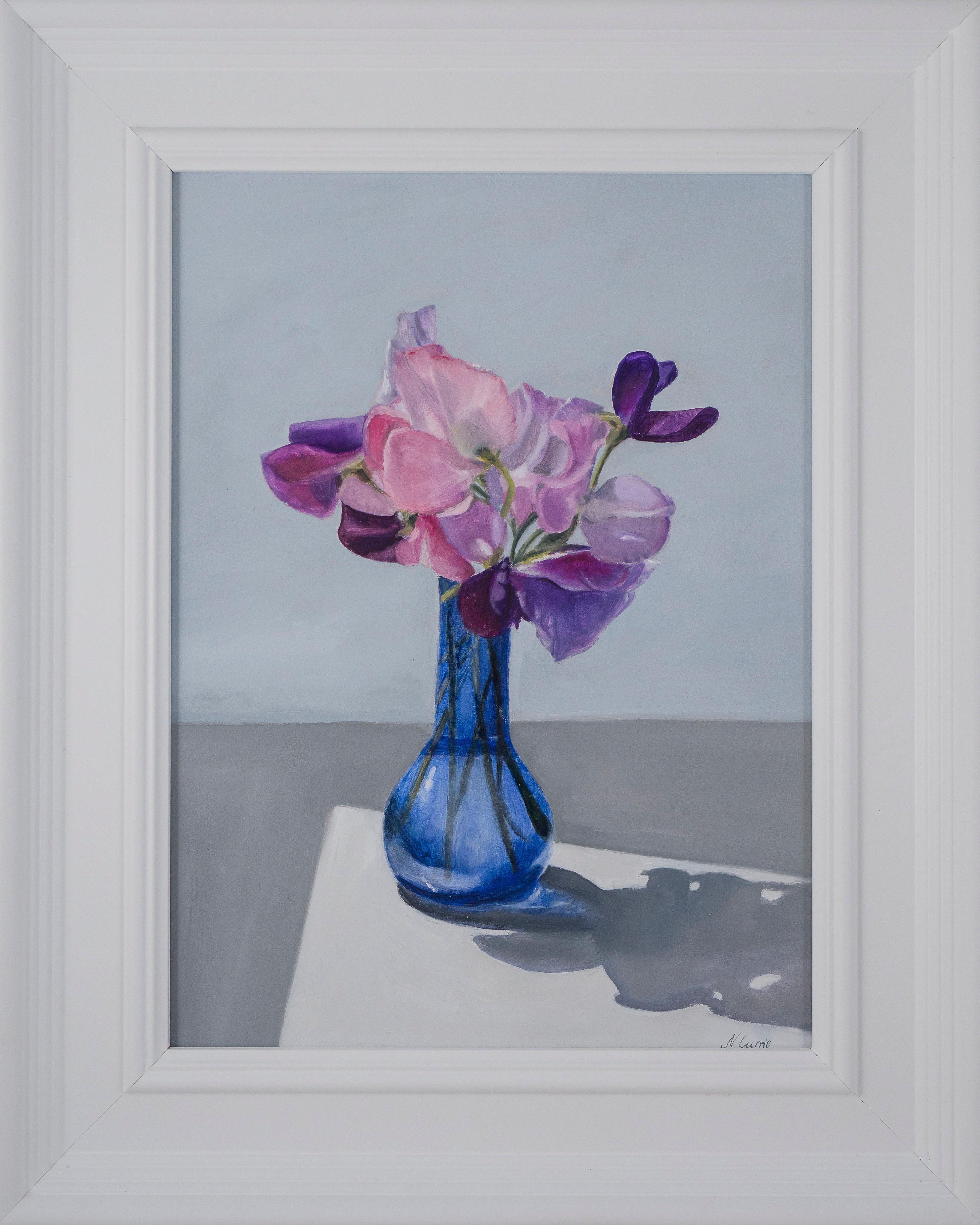 Sweet Peas In A Blue Glass Vase - Painting by Nicola Currie