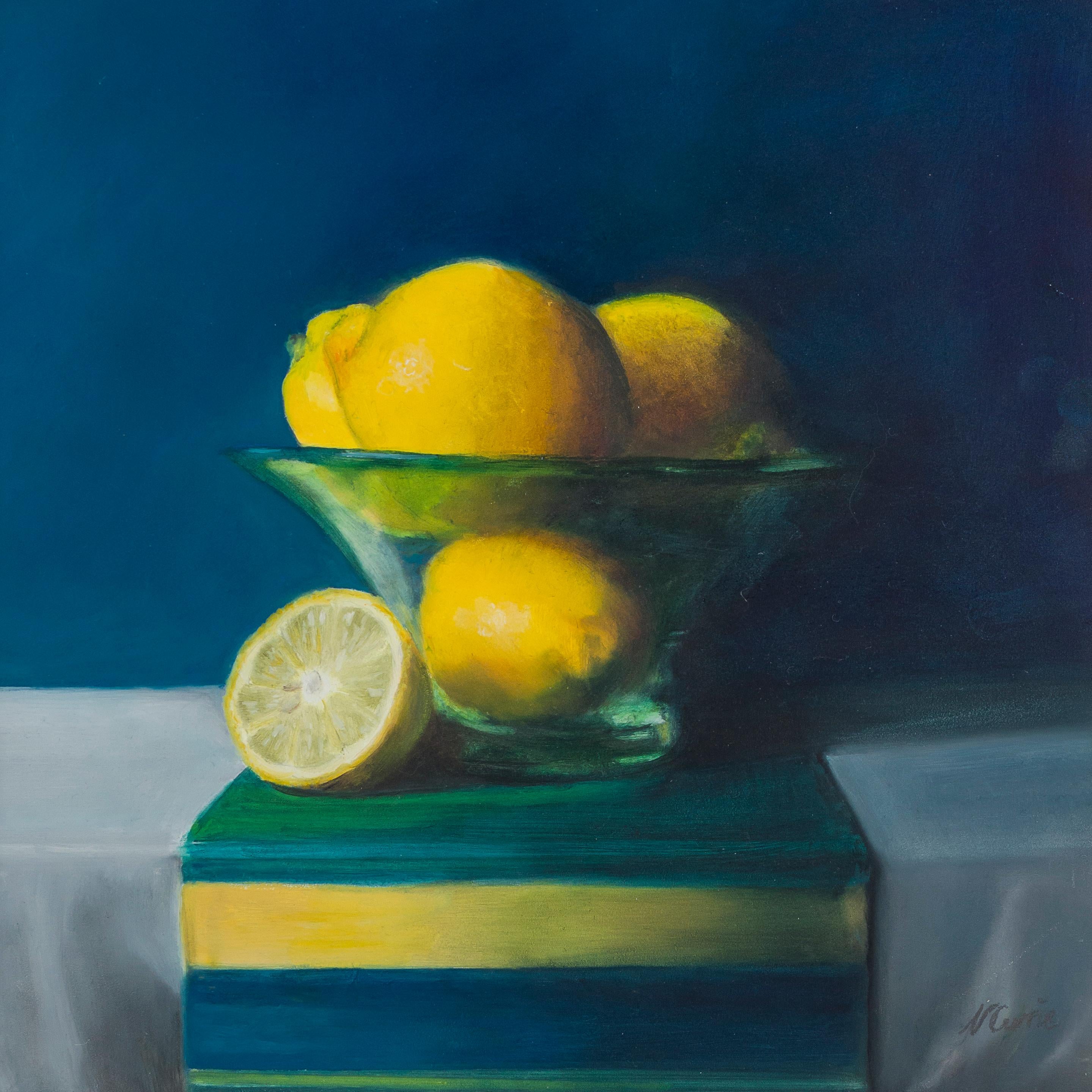Nicola Currie Still-Life Painting - Lemons In A Frosted Glass Bowl. Contemporary Still Life 