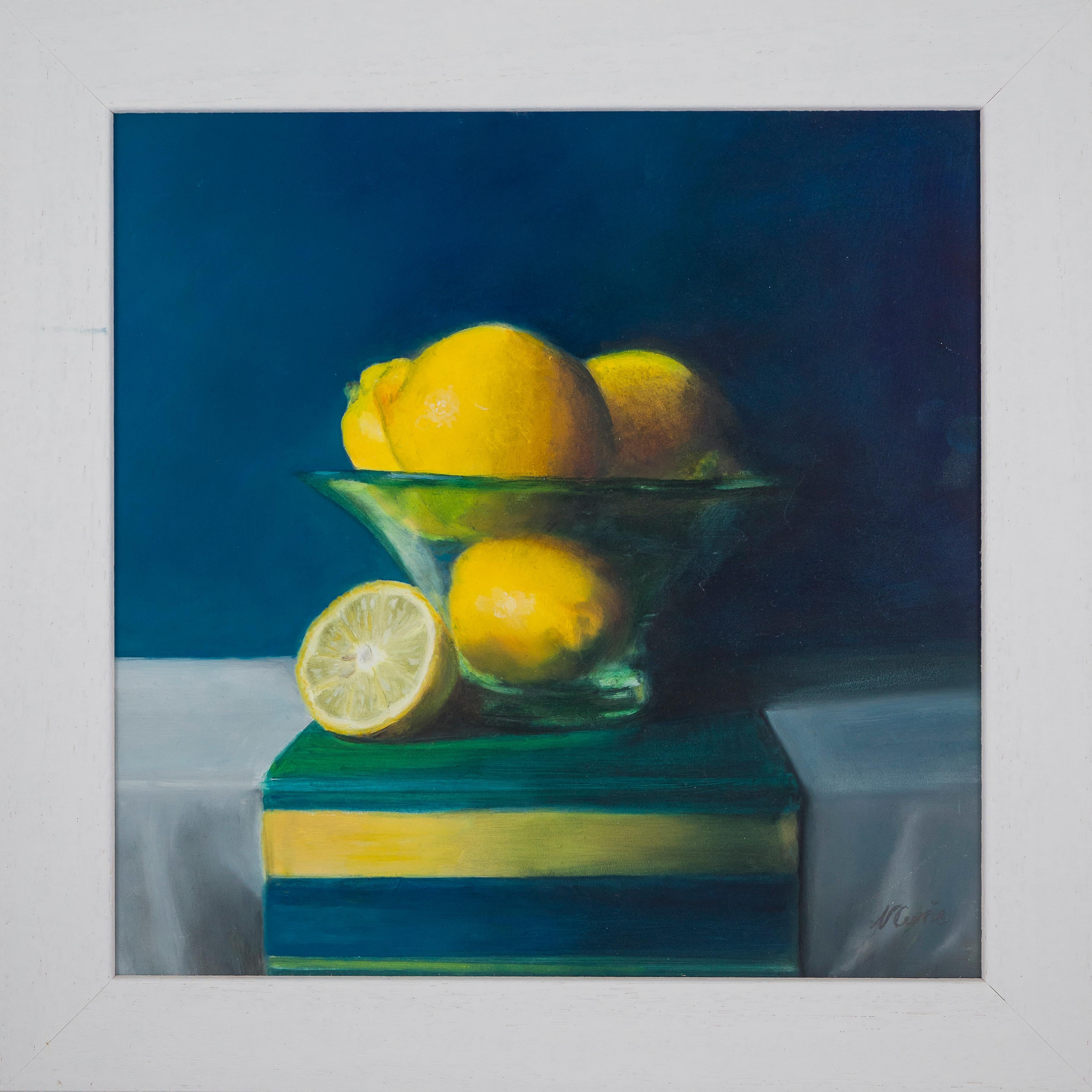 Lemons In A Frosted Glass Bowl. Contemporary Still Life  - Painting by Nicola Currie