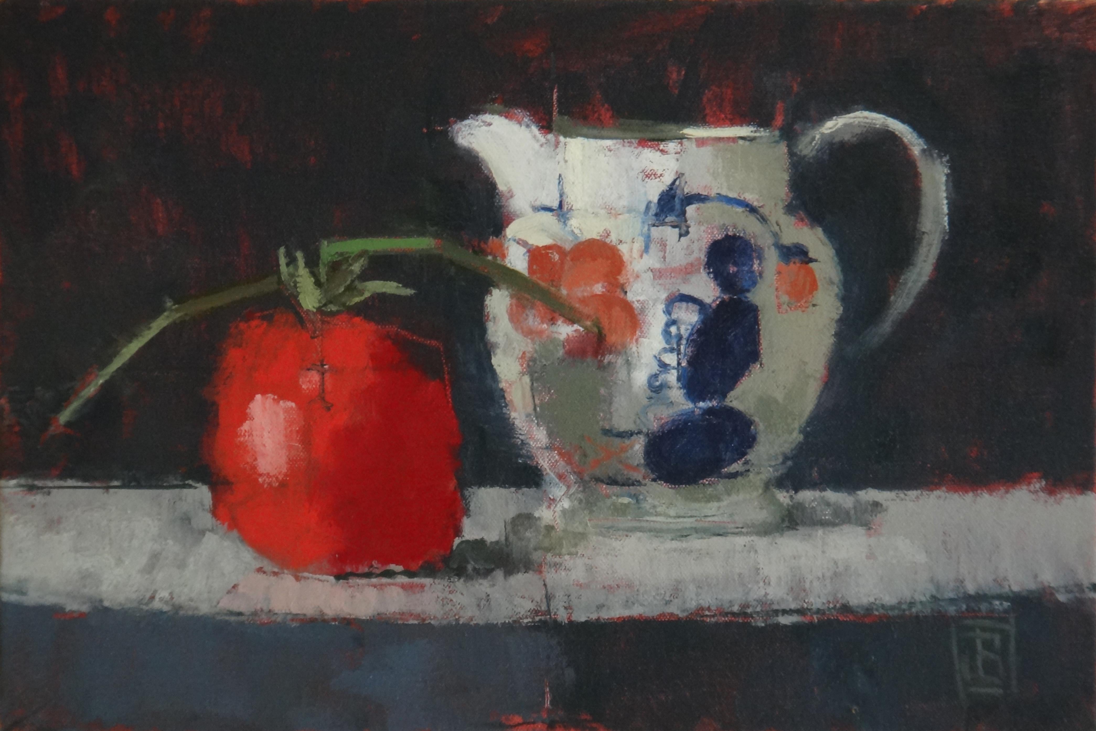 Jill Barthorpe Still-Life Painting - "Gaudy Jug With Tomato": Contemporary Still Life, Oil On Canvas
