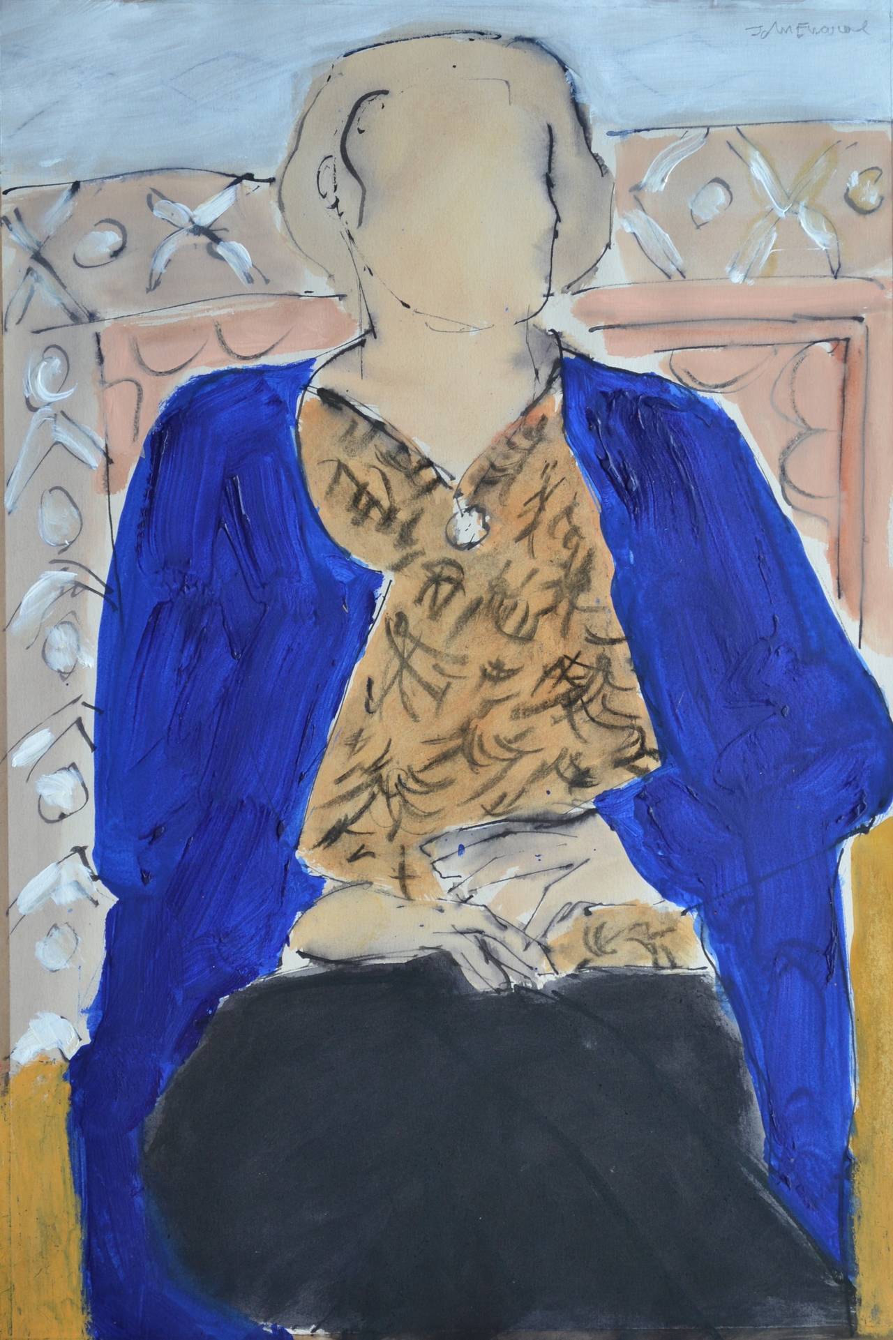 Sarah Jane In Blue: Zeitgenössisches figuratives Gemälde in Mischtechnik von John Emanuel