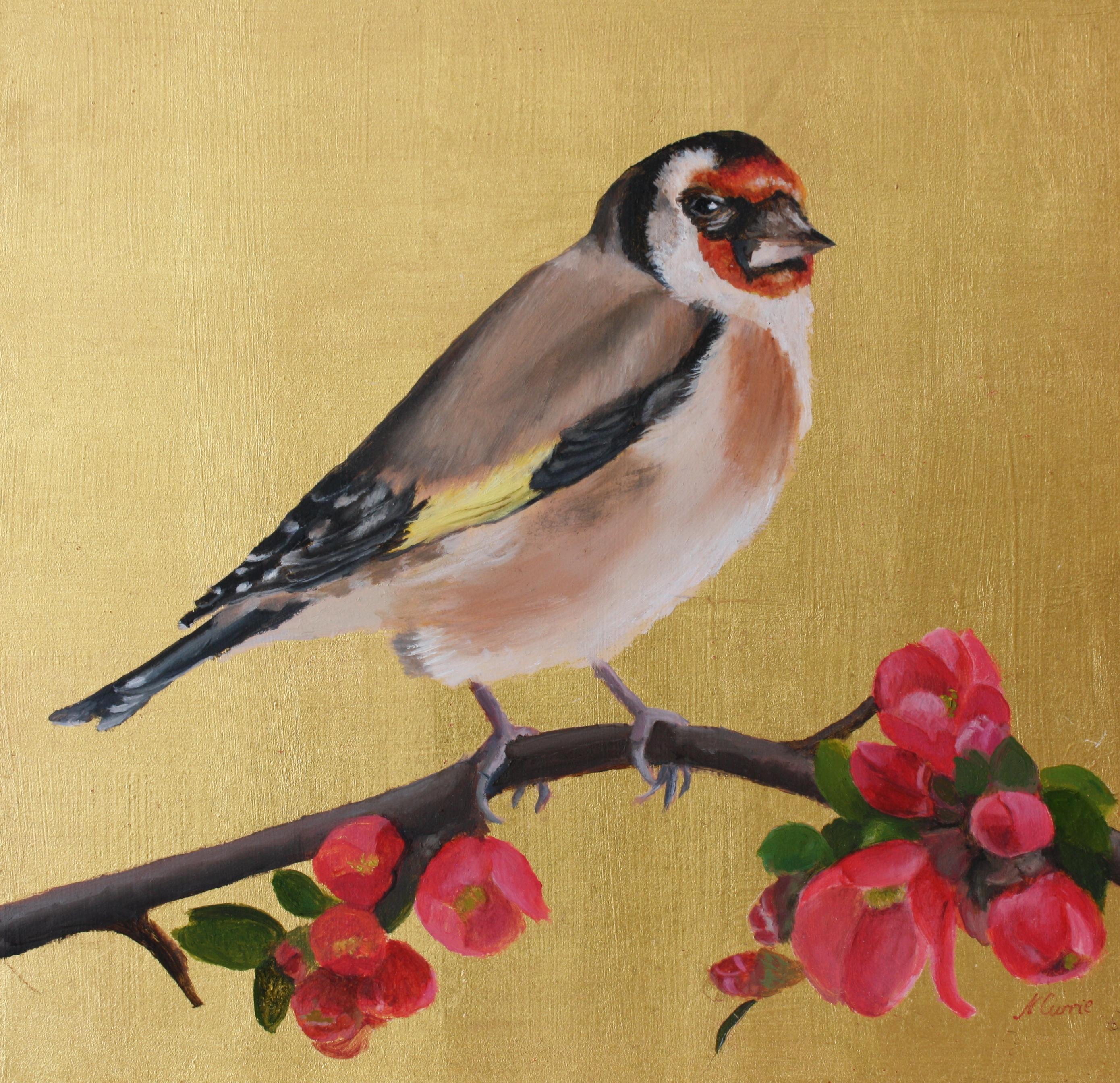 Goldfinch on Gold with Japonica Blossom.    Oil Paint and Gold Leaf Painting