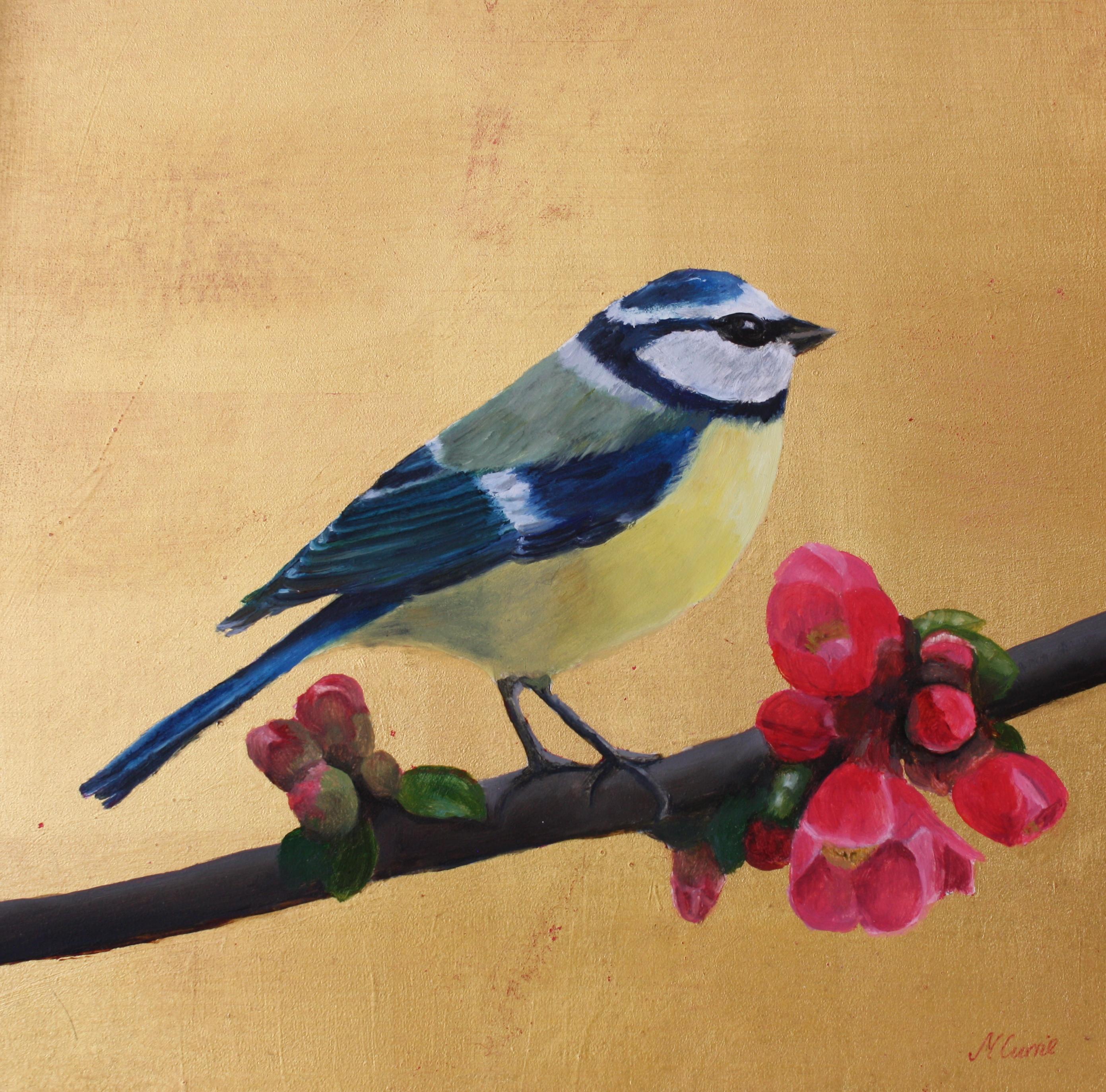 Nicola Currie Still-Life Painting - Blue Tit on Gold with Japonica Blossom.    Oil Paint and Gold Leaf Painting