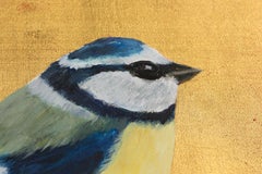 Blue Tit on Gold with Japonica Blossom.    Oil Paint and Gold Leaf Painting
