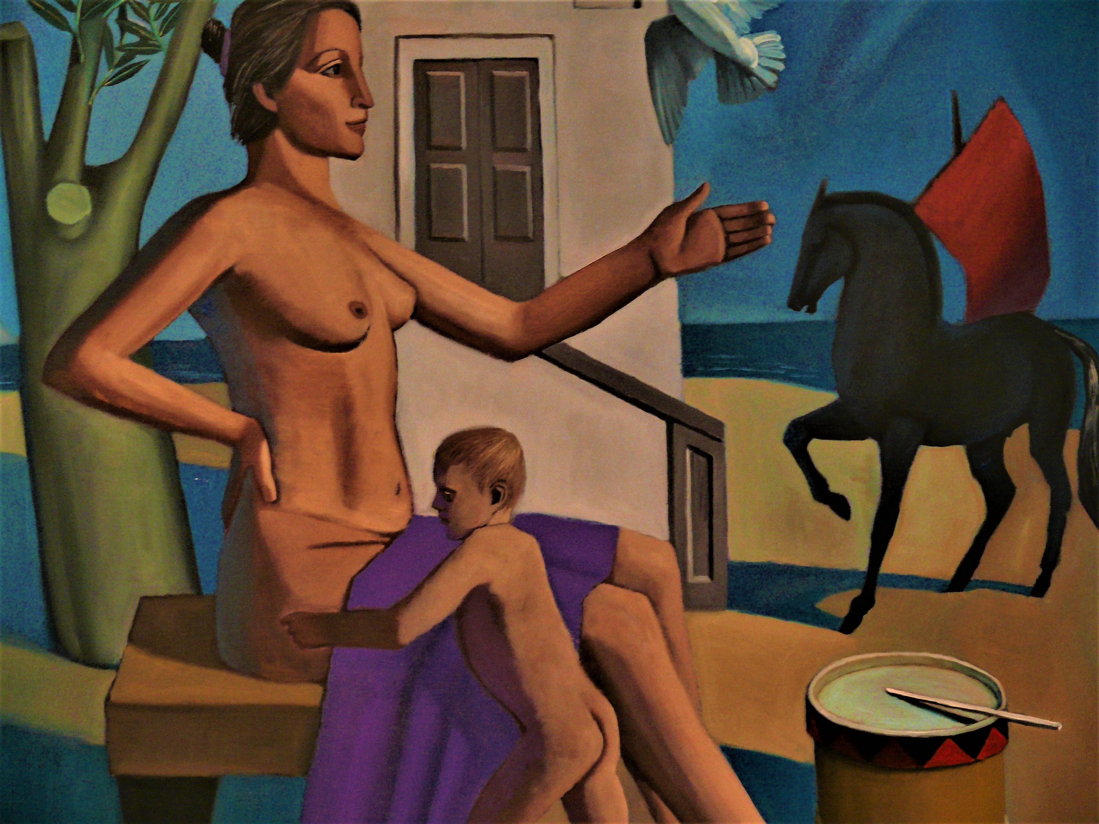 Madre e hijo en un paisaje arcaico   Pintura al óleo figurativa contemporánea - Painting de Paul Rossi
