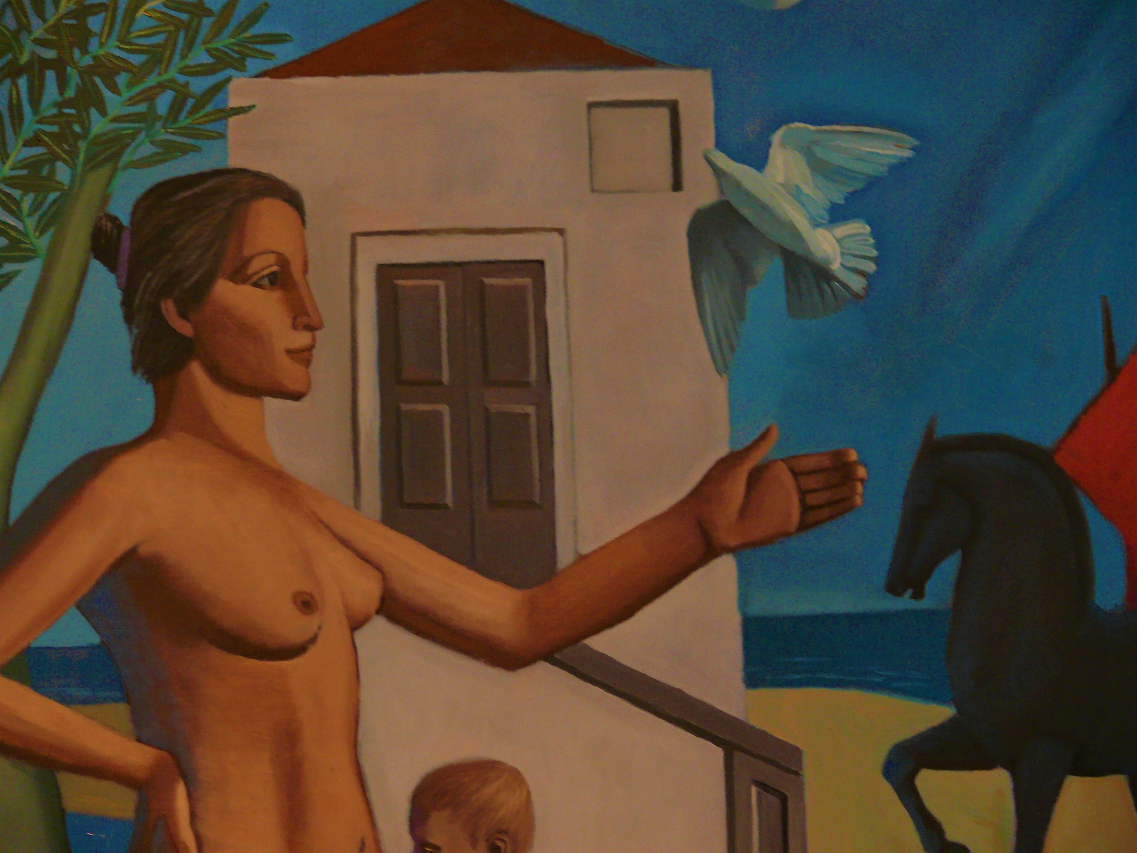 Madre e hijo en un paisaje arcaico   Pintura al óleo figurativa contemporánea - Painting Contemporáneo de Paul Rossi