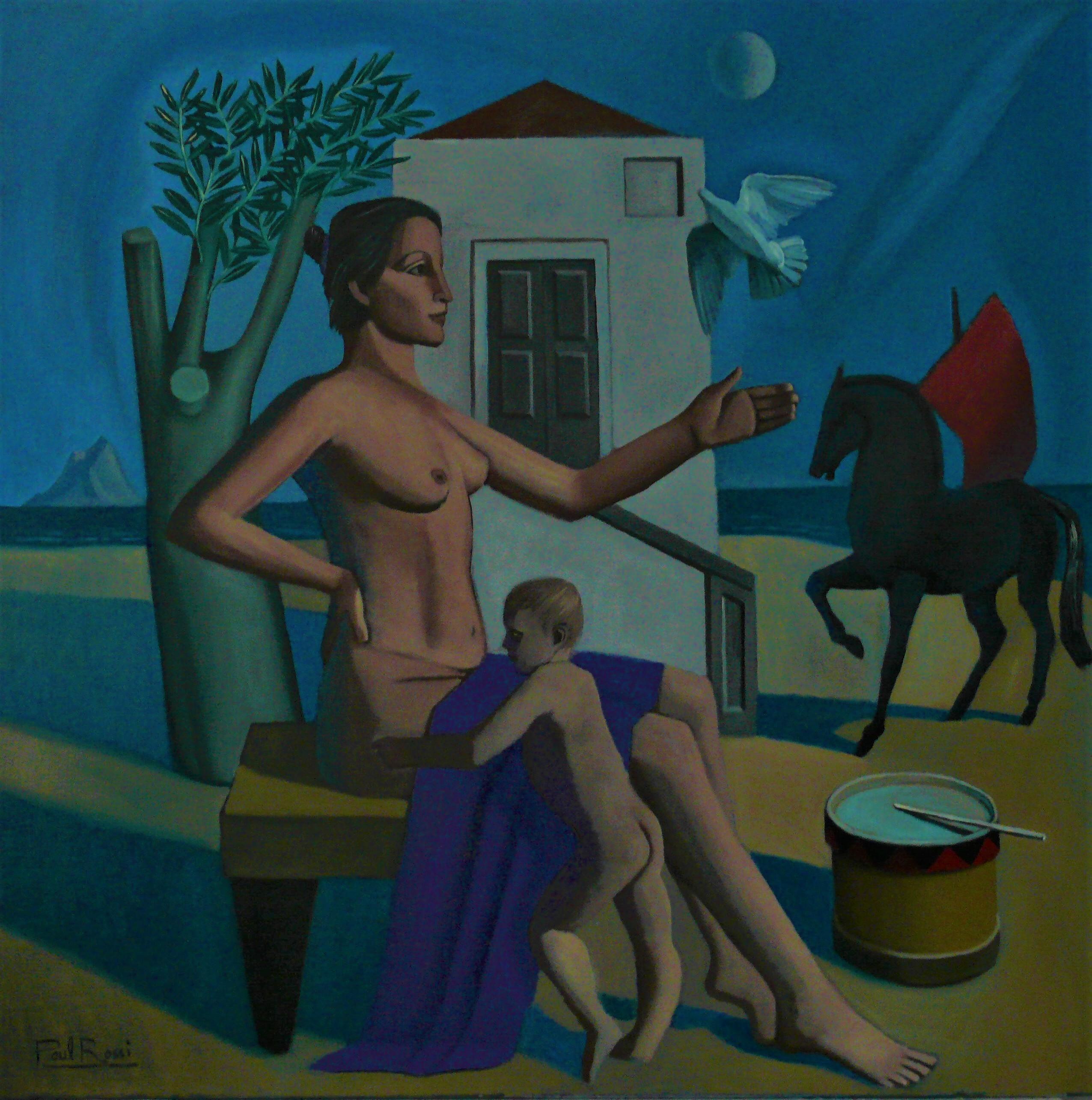 Paul Rossi Figurative Painting - Mother and Child in Archaic Landscape   Contemporary Figurative Oil Painting