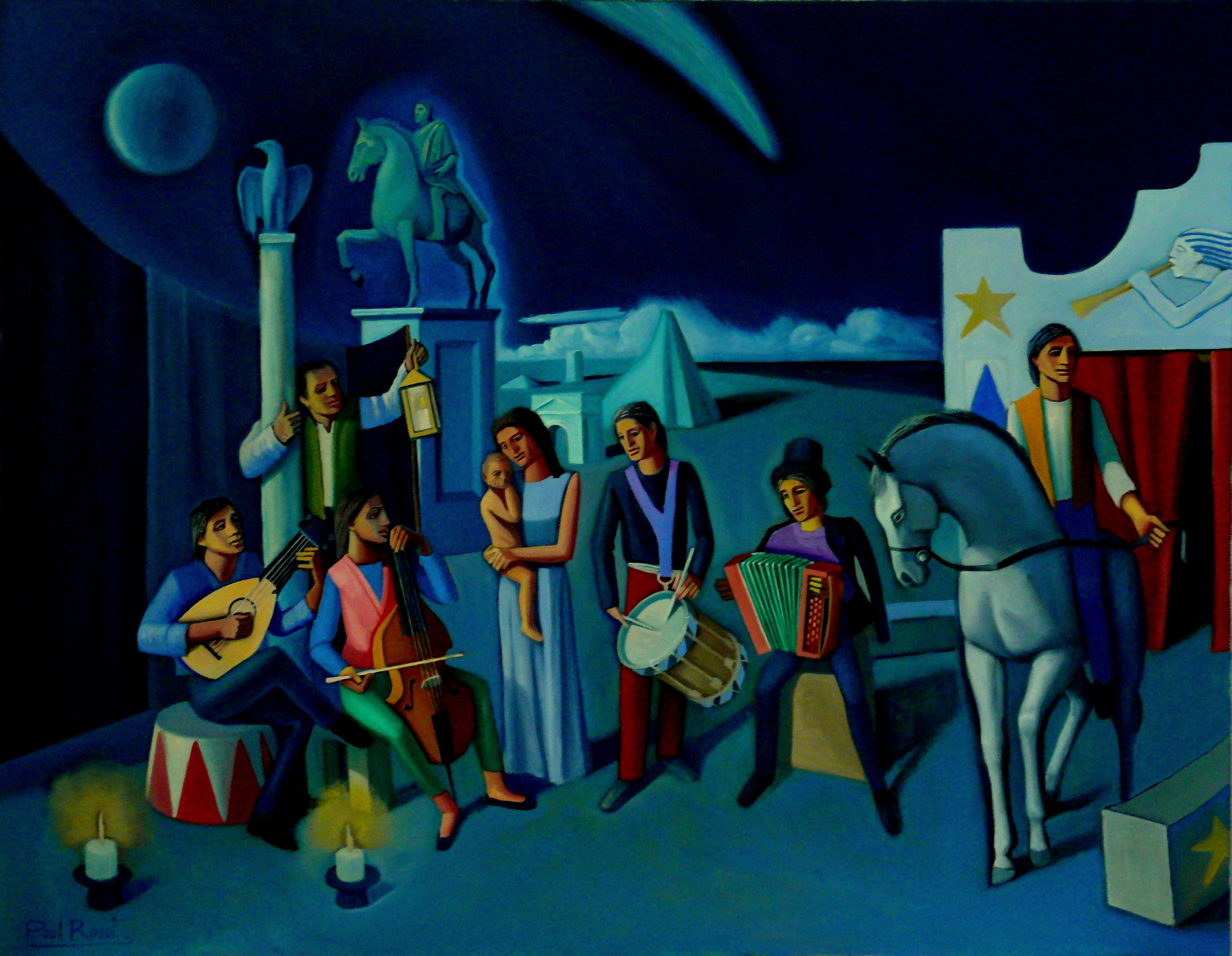 Figurative Painting de Paul Rossi - Belén de circo: Pintura Figurativa Contemporánea al Óleo
