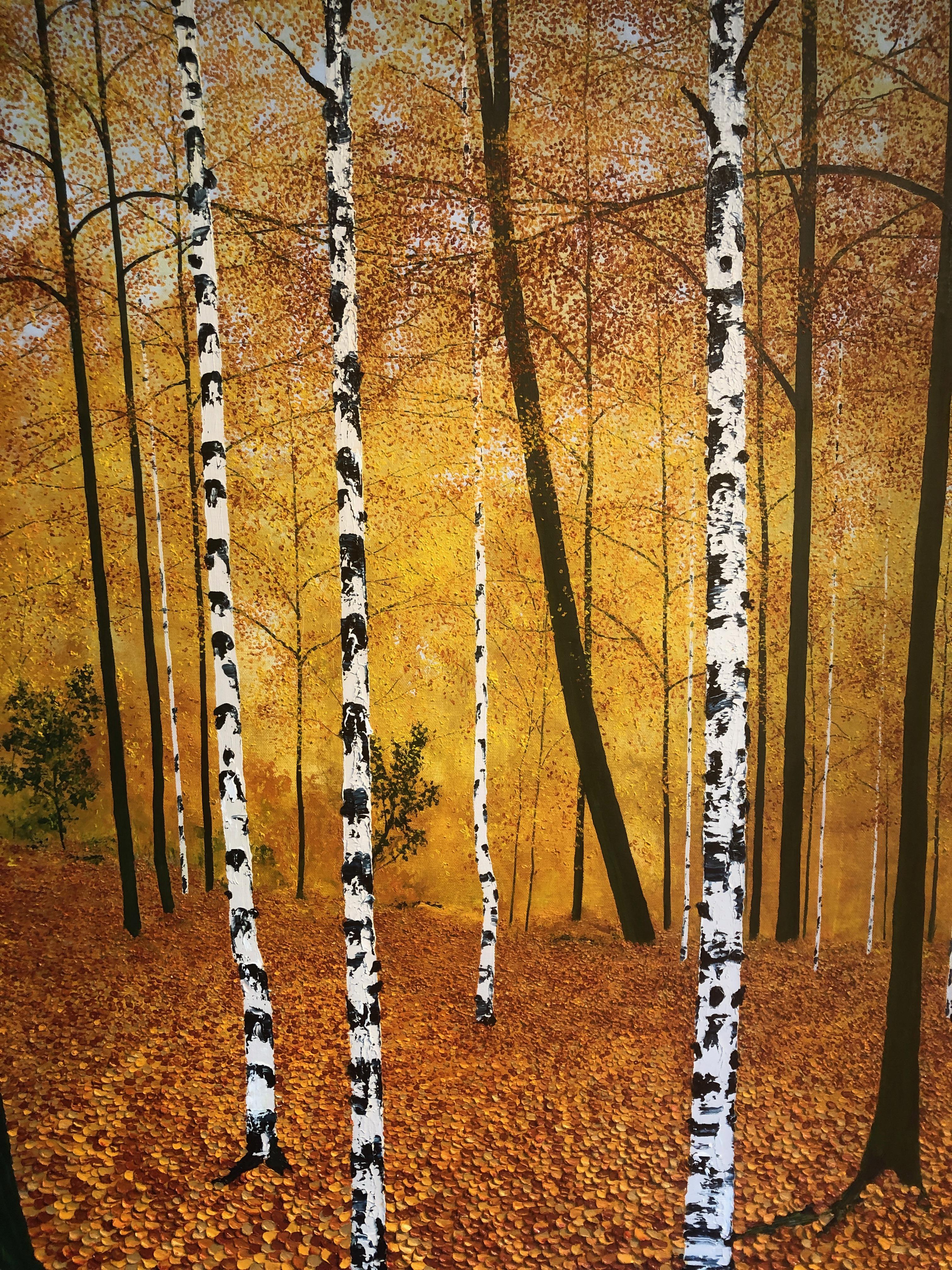 Golden Birches.    Large Contemporary Landscape Painting 4