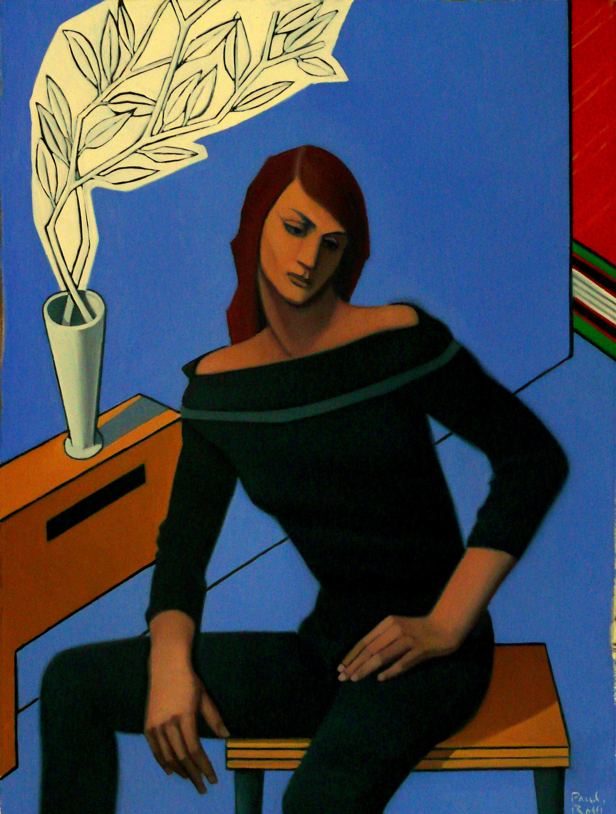 Figurative Painting Paul Rossi - Figure assise dans un espace géométrique.  Peinture à l'huile figurative contemporaine