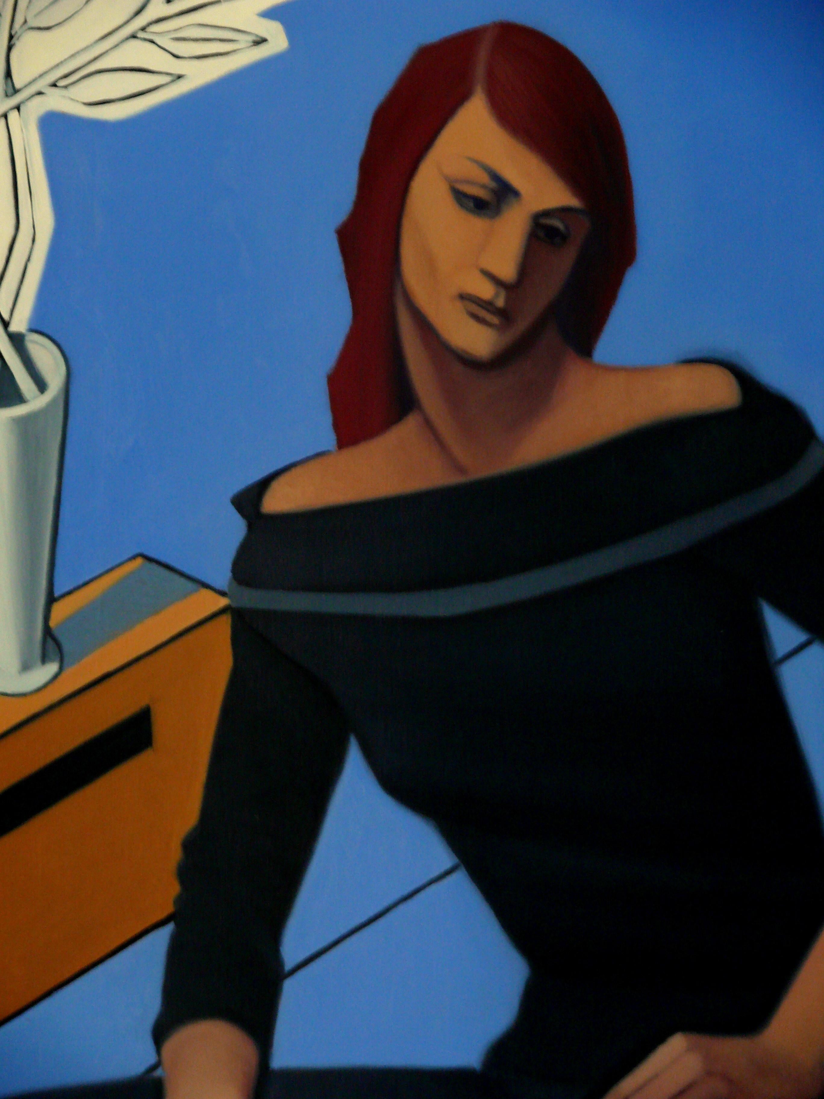 Figure assise dans un espace géométrique.  Peinture à l'huile figurative contemporaine - Contemporain Painting par Paul Rossi