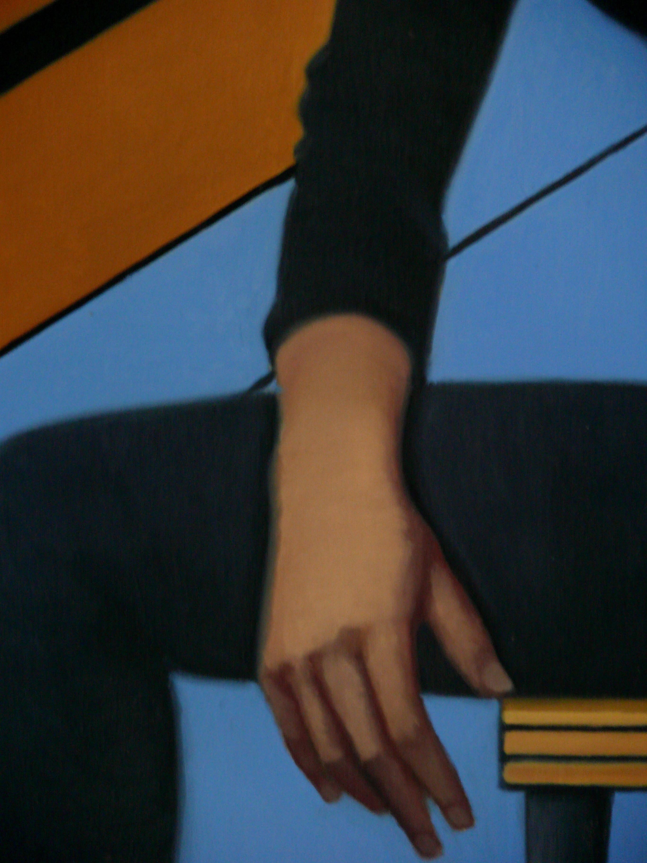 Figure assise dans un espace géométrique.  Peinture à l'huile figurative contemporaine - Violet Figurative Painting par Paul Rossi