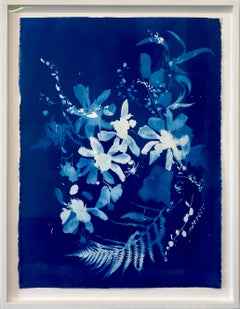 Floriography, Contemporary Figurative Cyanotype on Paper, Flora, Framed 