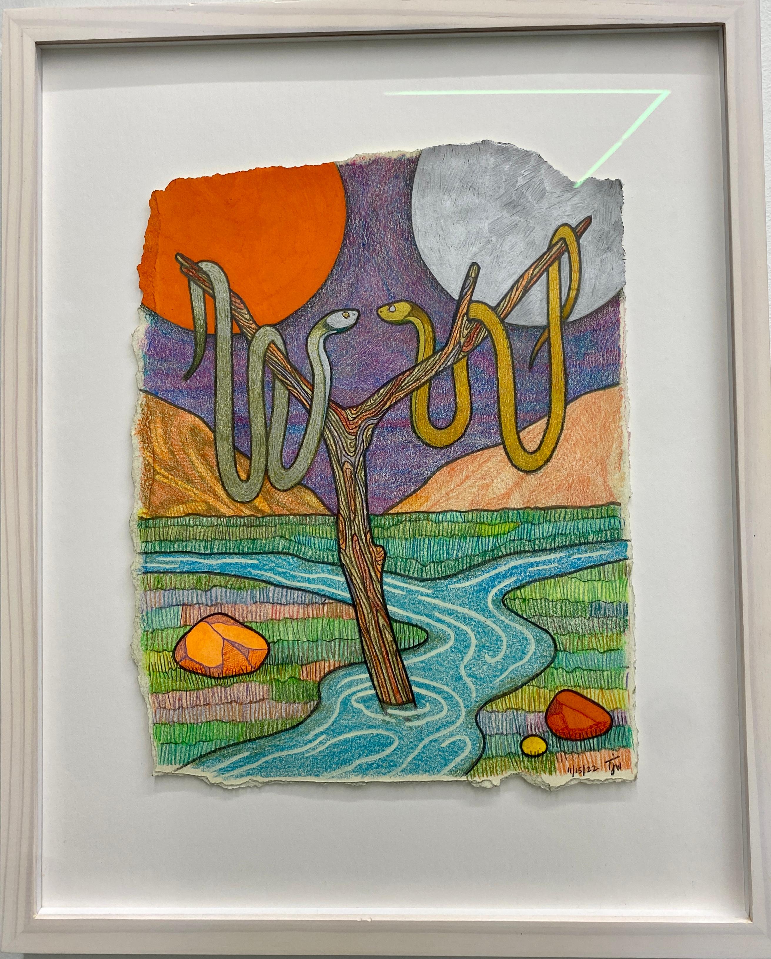 From One to Each Other, Contemporary Abstract Landscape Drawing, Framed - Art by Tom Jean Webb 