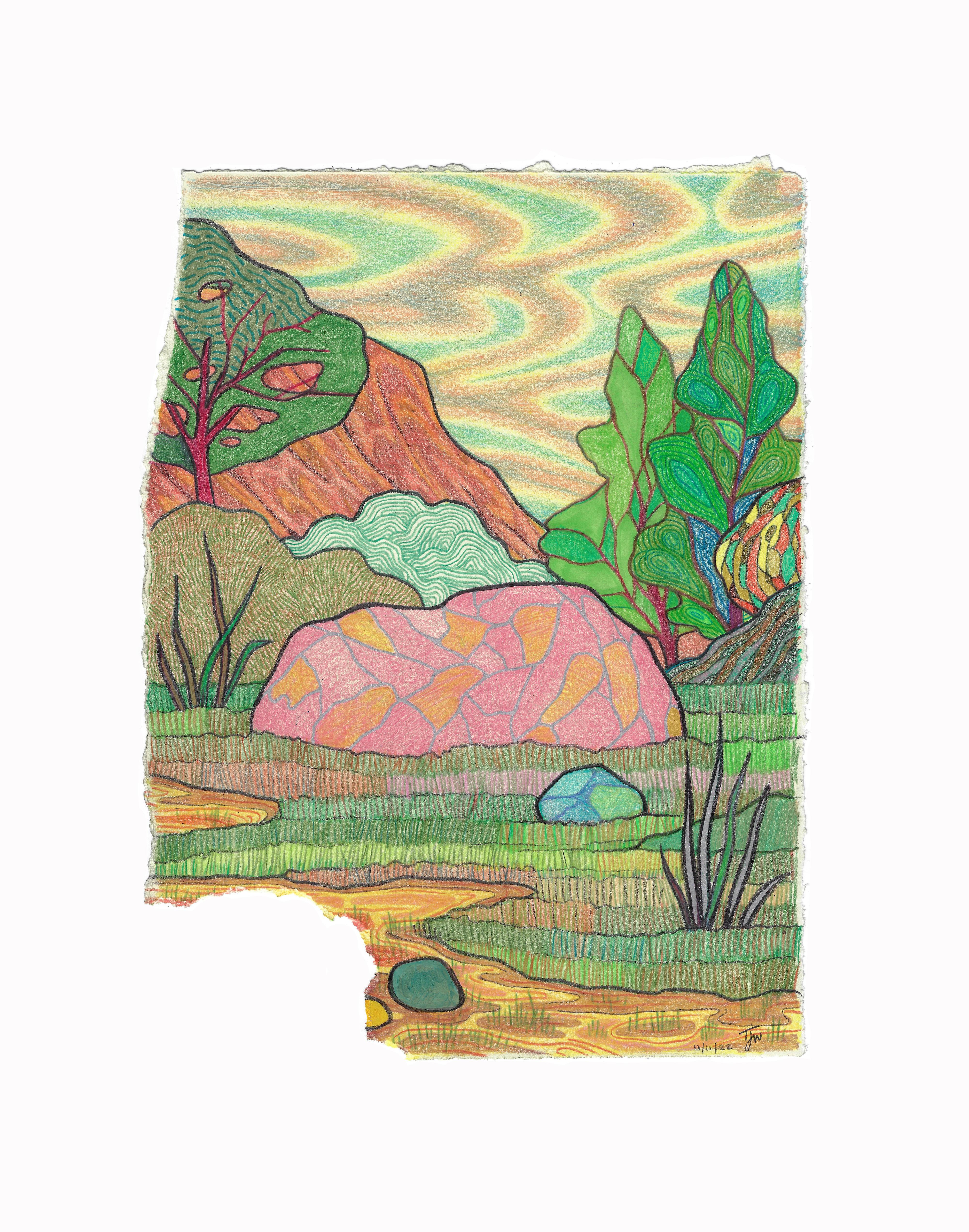 Pink Rock, Contemporary Abstract Landscape Drawing, Framed