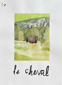 Flashcard (Le Cheval),Contemporary Watercolor Painting, Landscape