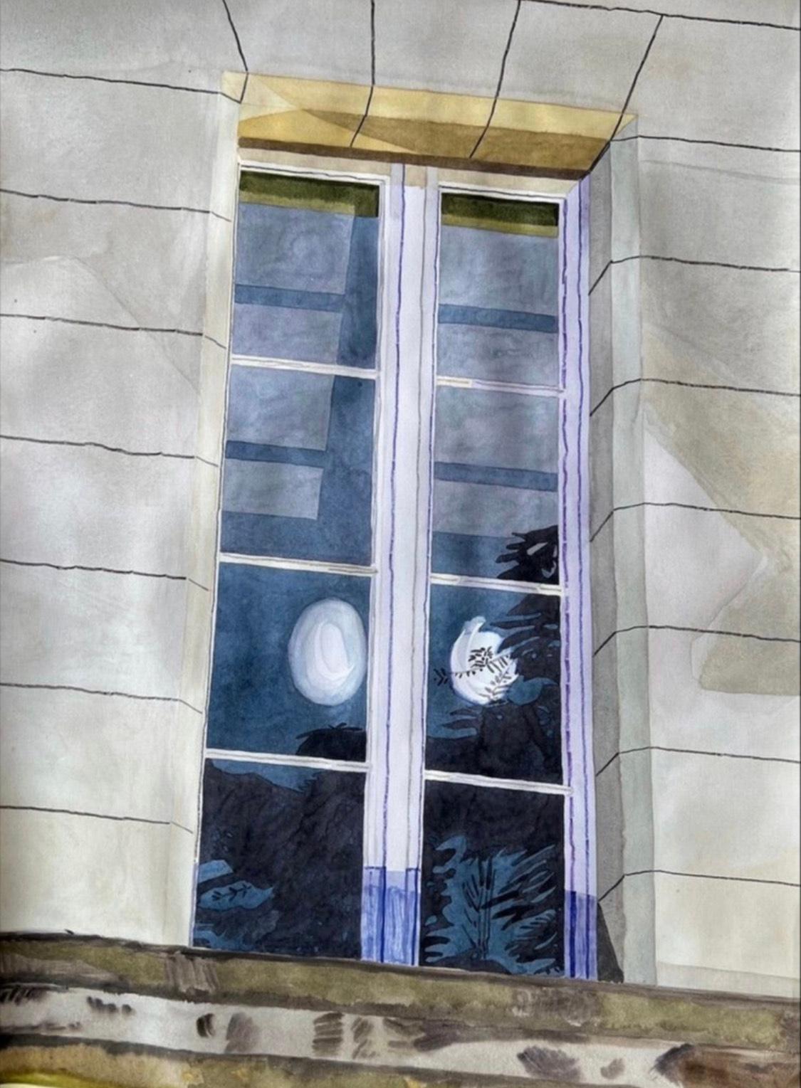Bradley Kerl Landscape Art - French Window (Two Moons), Contemporary Watercolor Painting, Landscape