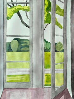 French Window at Boisbuchet, Contemporary Watercolor Painting, Landscape