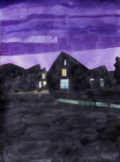Nocturne I, Contemporary Watercolor Painting on Paper, Architecture