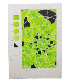 Green Apple, Contemporary Geometric Abstract Drawing, Ink on Paper, Small 