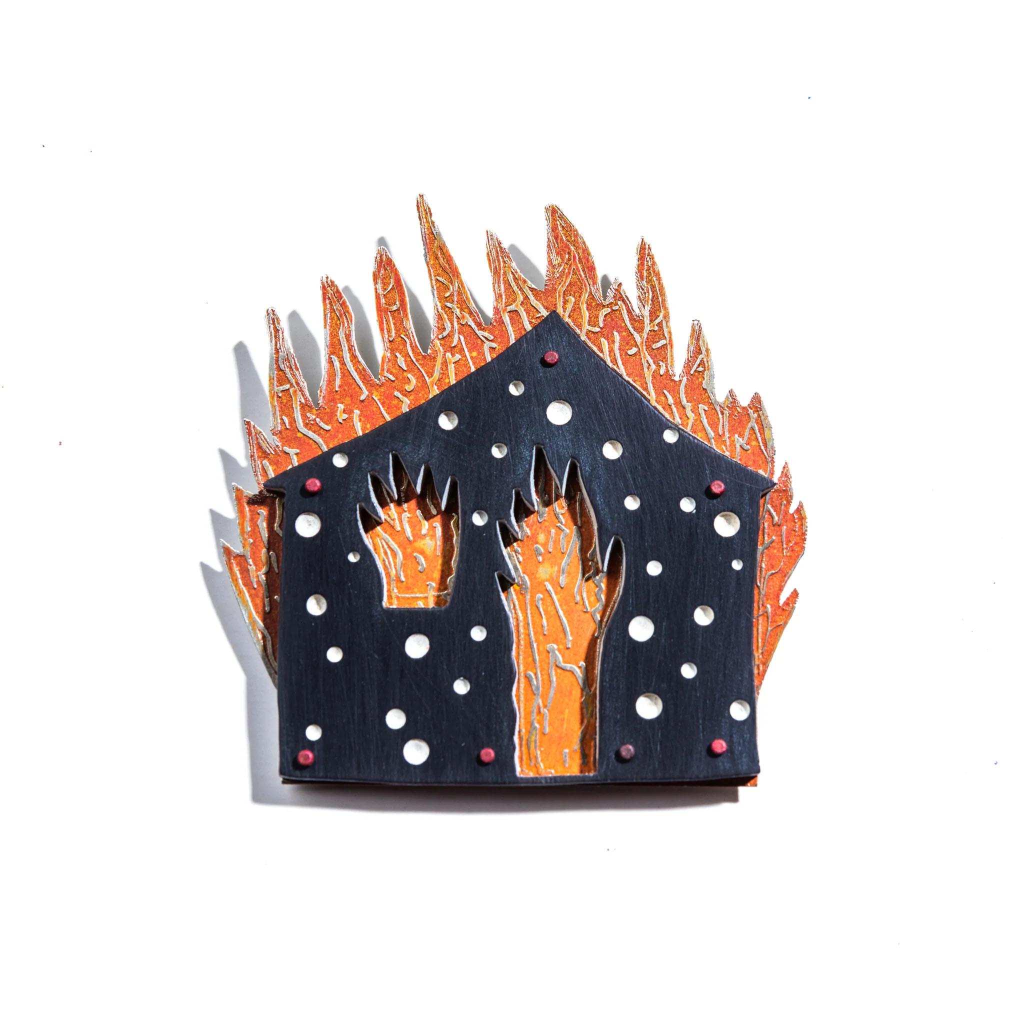 Burning House , jewelry lapel pin  designed by Francis Pavy, made by Thomas Mann - Art by FPA Francis Pavy Artist