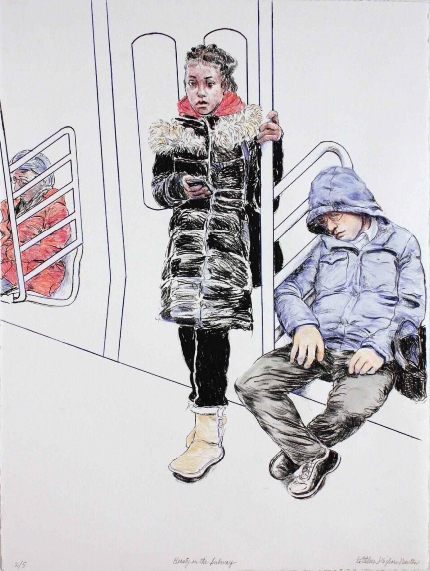 Beauty on the Subway : Hand colored lithograph on BFK Rives - Art by Kathleen Migliore-Newton