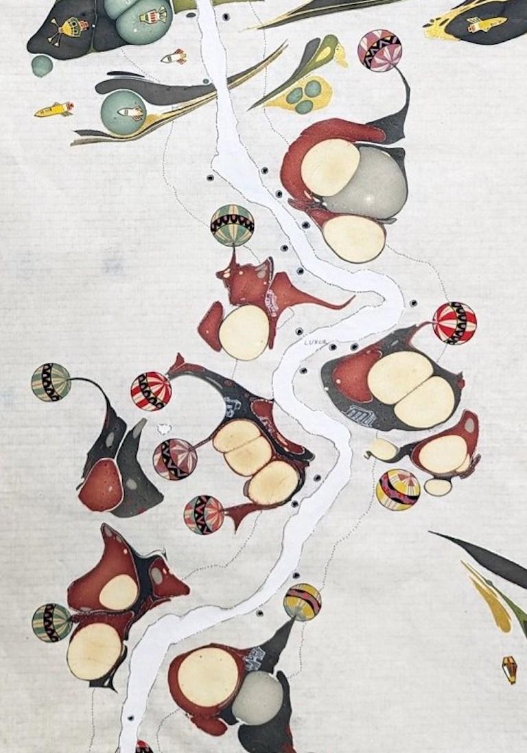 A collage by New York artist Miranda Maher. Made with Ink, Indian marble paper and Japanese Chiyogami paper on handmade Japanese paper.

Miranda Maher’s artistic journey is a profound exploration of discrepancies, mistakes, and the intricate web of