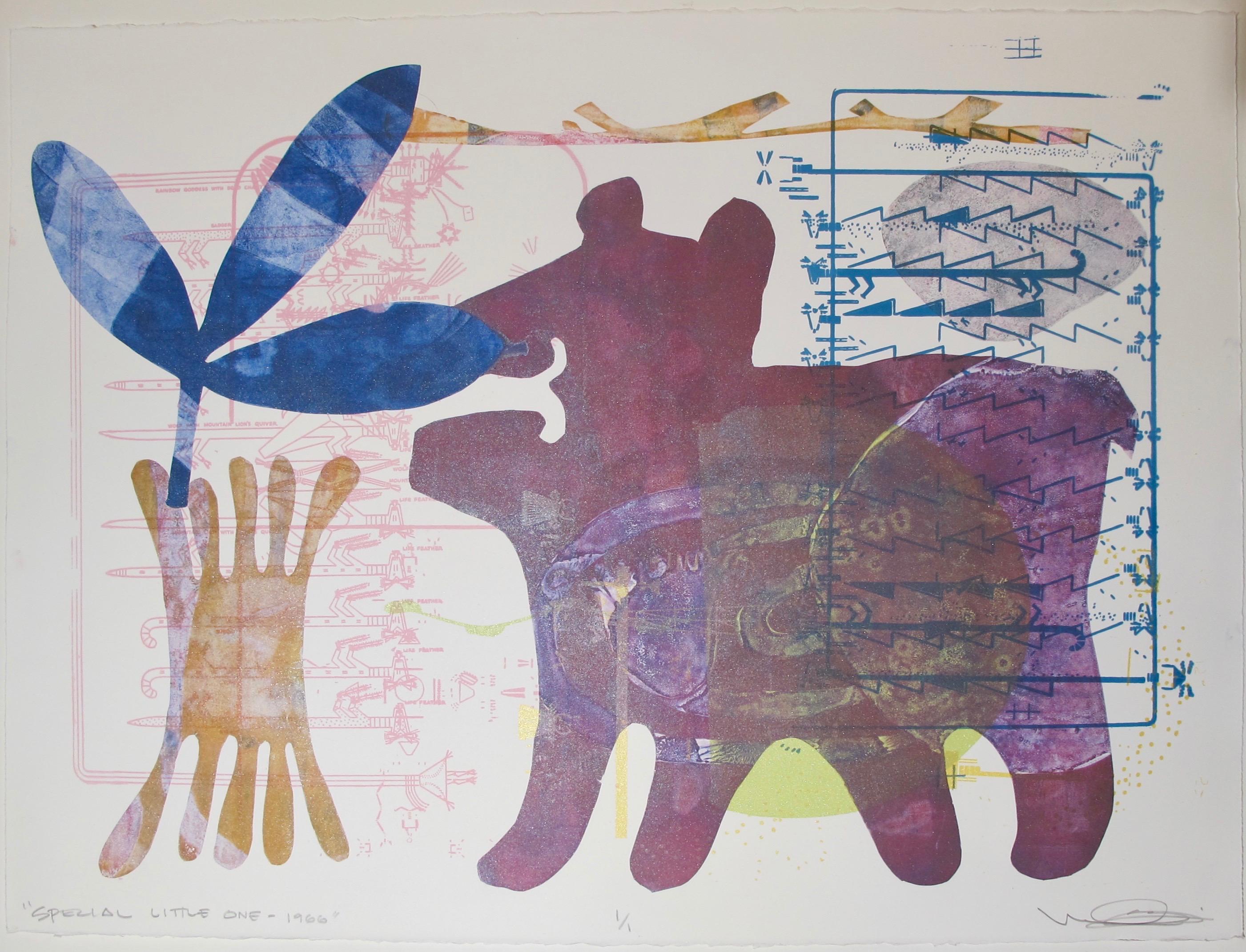Special Little One-1966, Melanie Yazzie Navajo monotype painting paper bear blue
