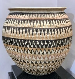 Basket by Elsa Quiros, Geometric gold black white tan designs Panama Rainforest