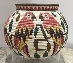Vintage Parrot basket, Wounaan Tribe Darien Rainforest Panama, red, yellow, black, white