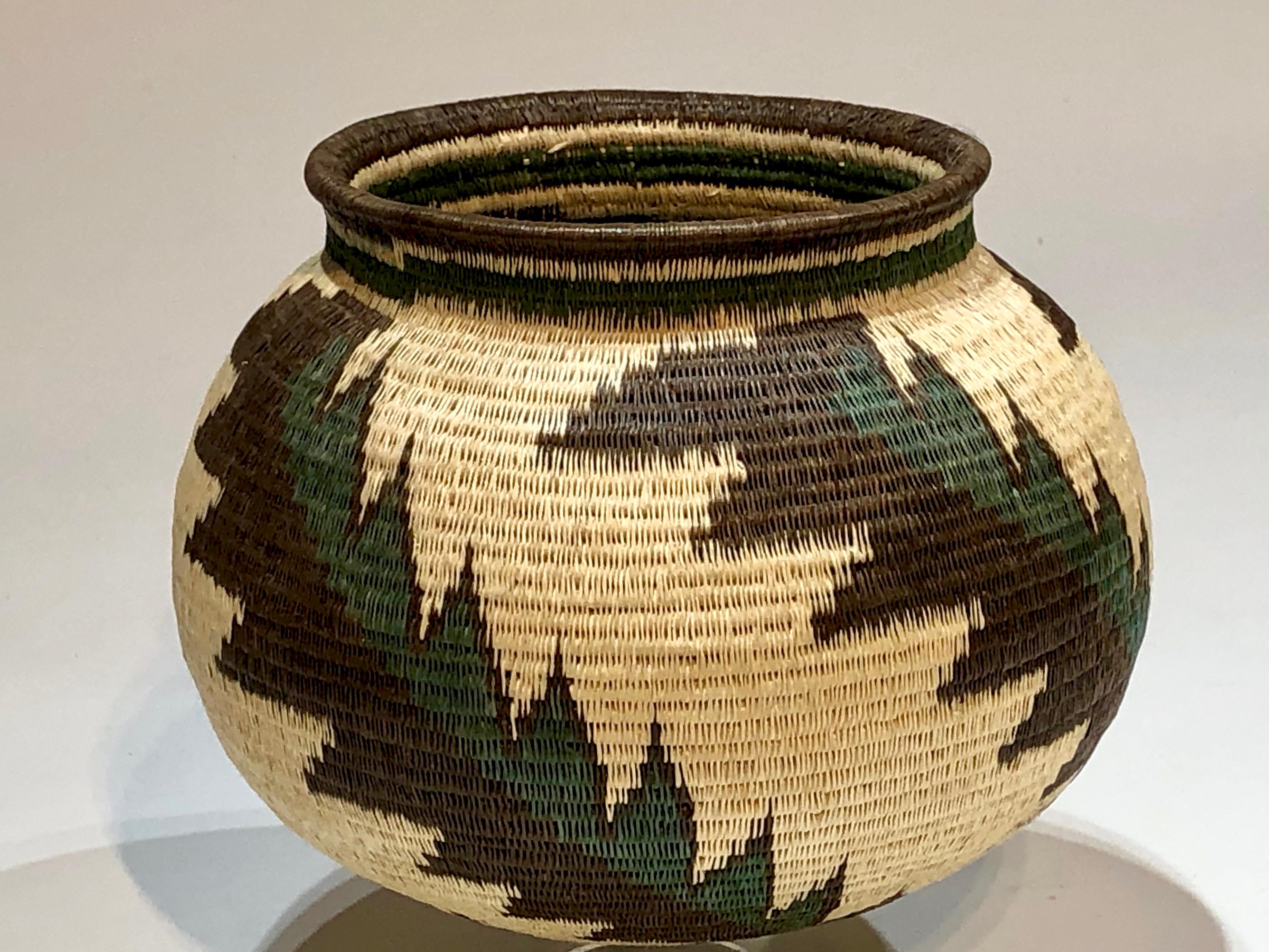 Wounaan Tribe Panama Rainforest Basket, green, white, black, feather design - Mixed Media Art by Unknown