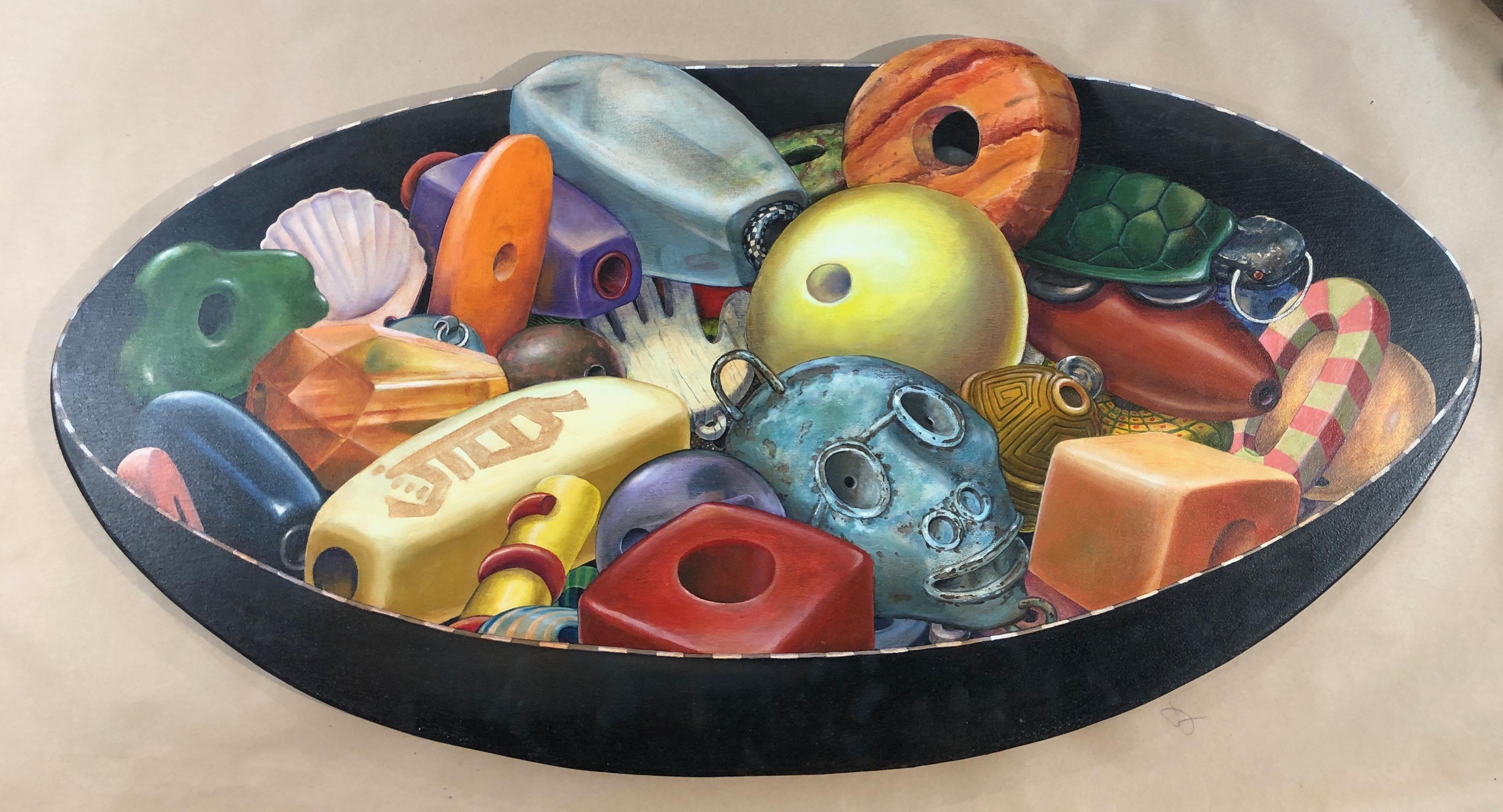 Bowl of Beads, trompe l'oeil painting on birch wood panel, black, green, orange