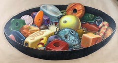 Bowl of Beads,trompe l'oeil painting on birch wood panel, black, green, orange