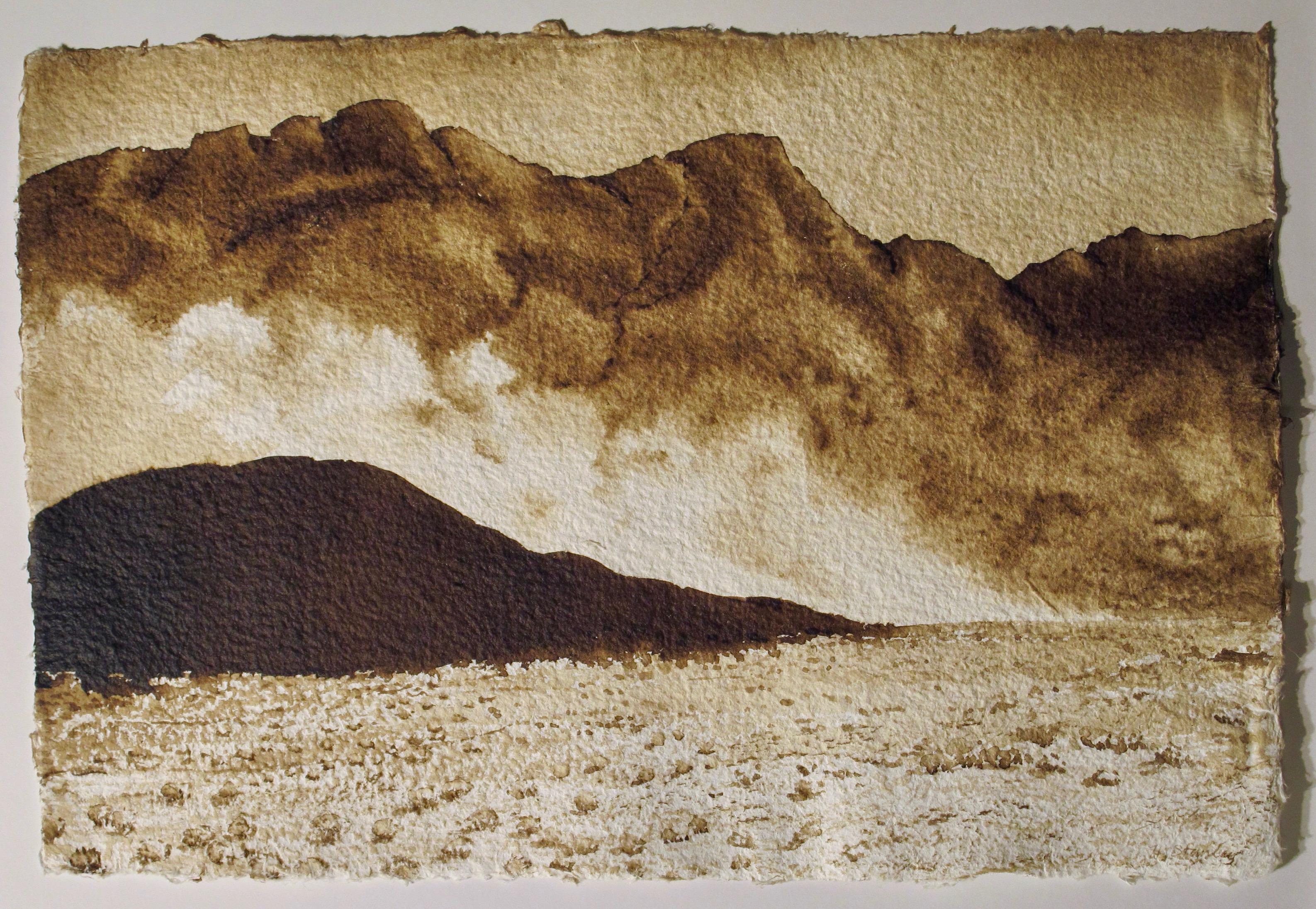 Helen Stanley Landscape Painting - Amboy Crater, Southern California, painting on paper, walnut ink, landscape