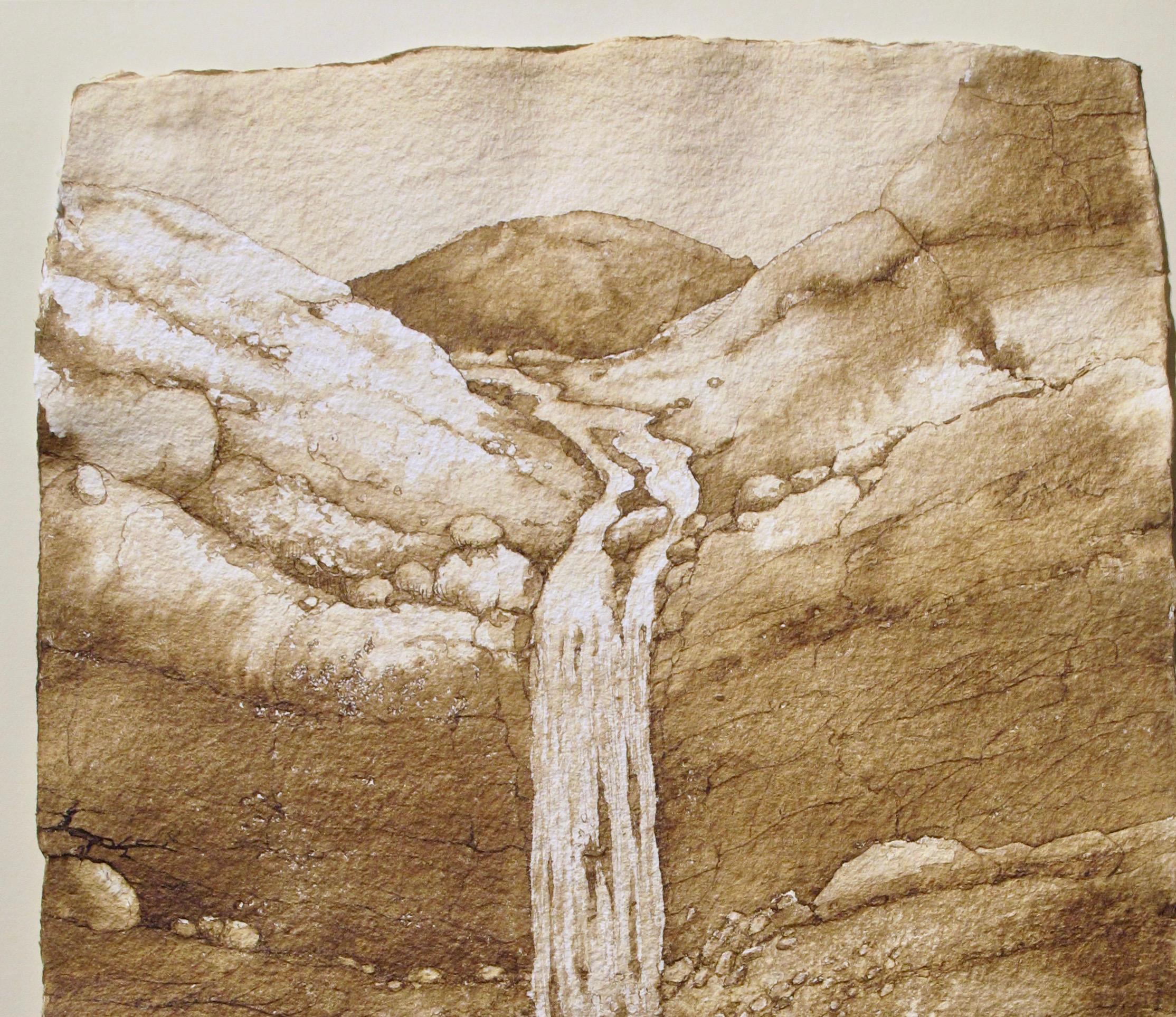 Instant Stream, Tuschemalerei aus Walnussholz auf handgefertigtem Papier, Wüstenlandschaft, Braun